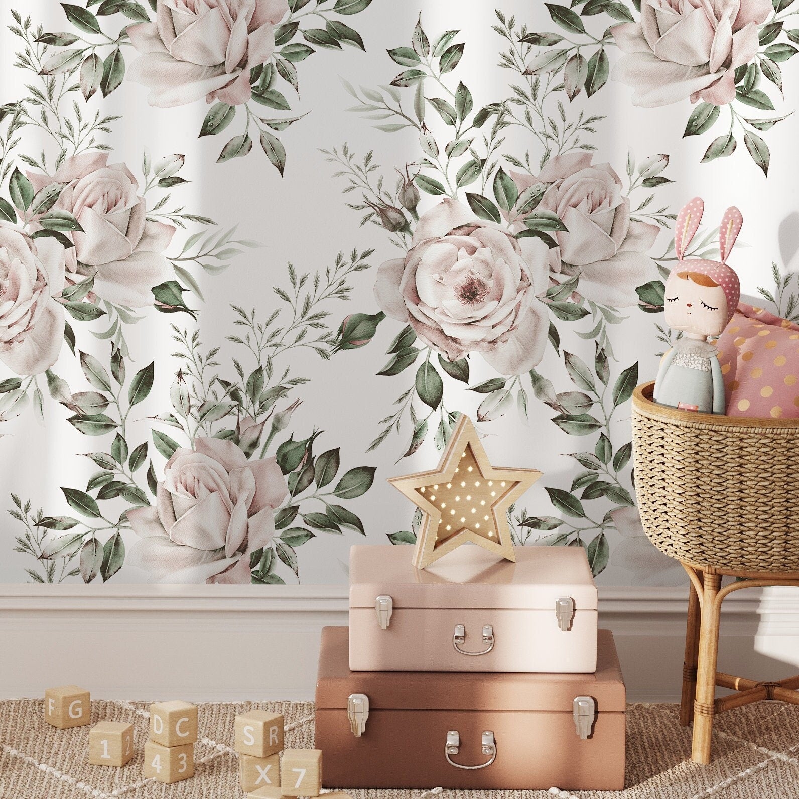 Floral Wallpaper Featuring Vintage Watercolor Roses In Pink And Green - D644