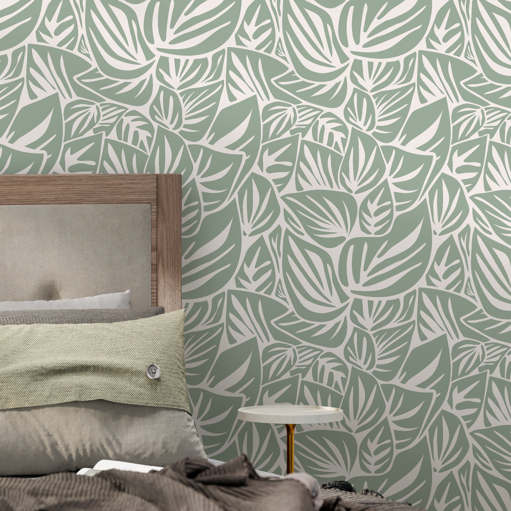 Leaf Wallpaper With A Modern Stylized Leaf Motif In Light Green And Cream - D651