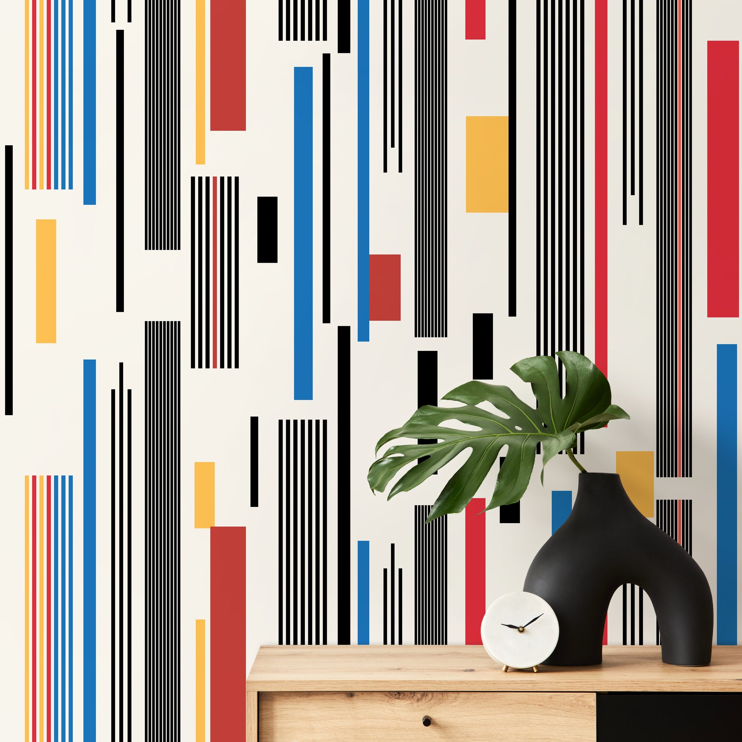 Geometric Wallpaper With Bold Vertical Stripes In Red, Blue, And Yellow - D741