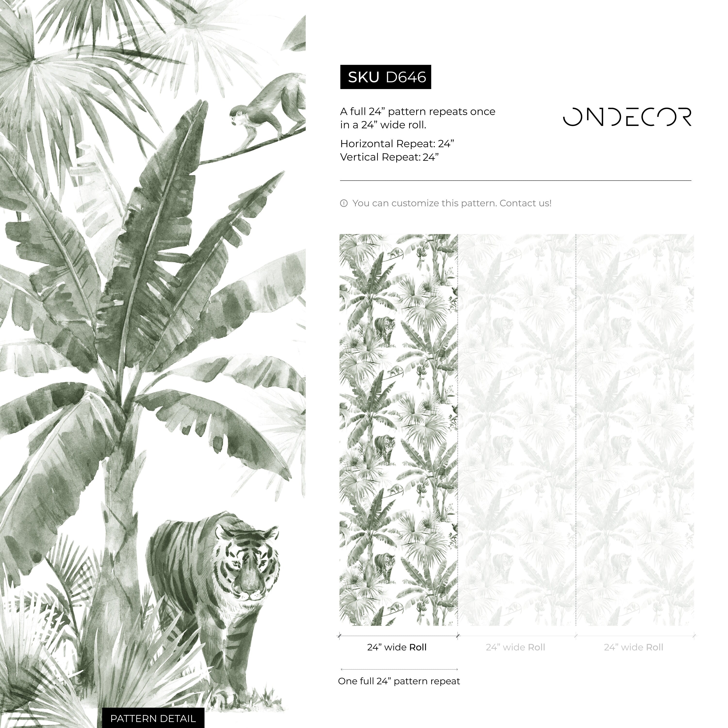 Jungle Wallpaper With A Watercolor Tiger And Palm Trees In Sage Green - D646