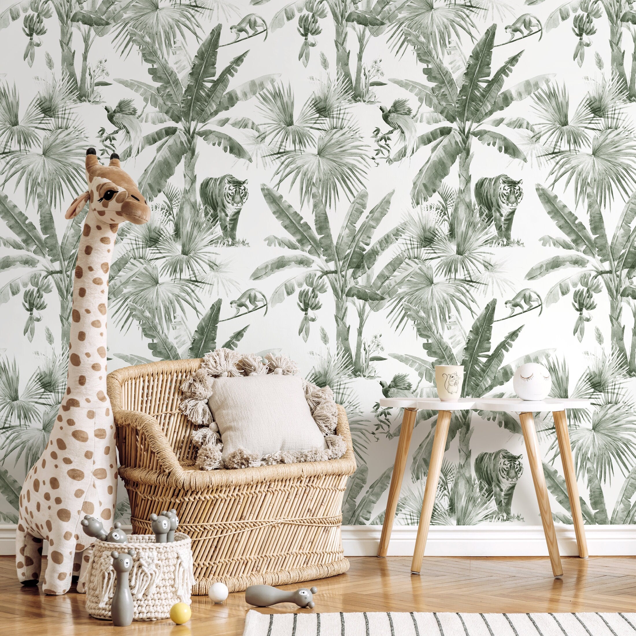 Jungle Wallpaper With A Watercolor Tiger And Palm Trees In Sage Green - D646