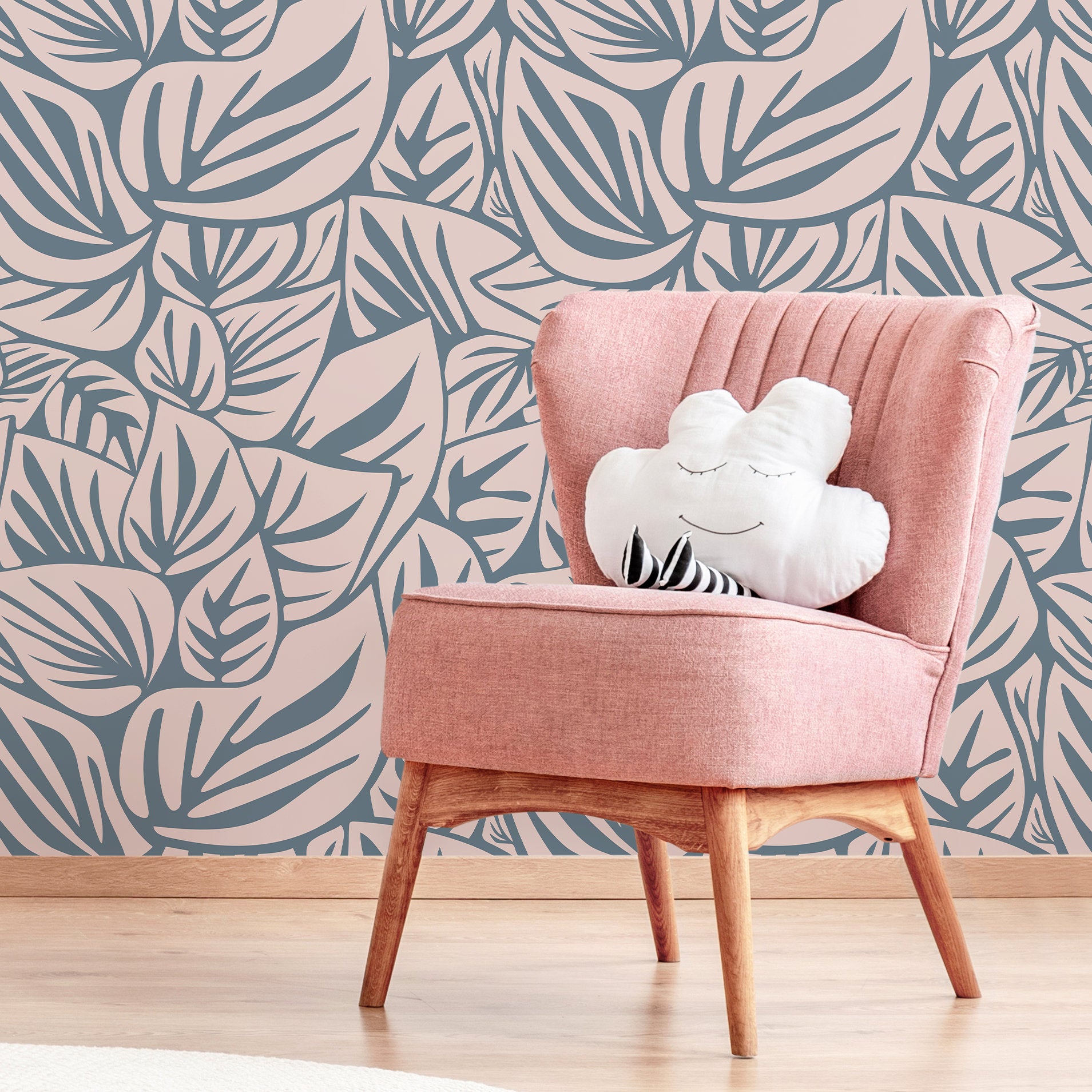 Botanical Wallpaper With Overlapping Leaves In Blue And Beige - D652