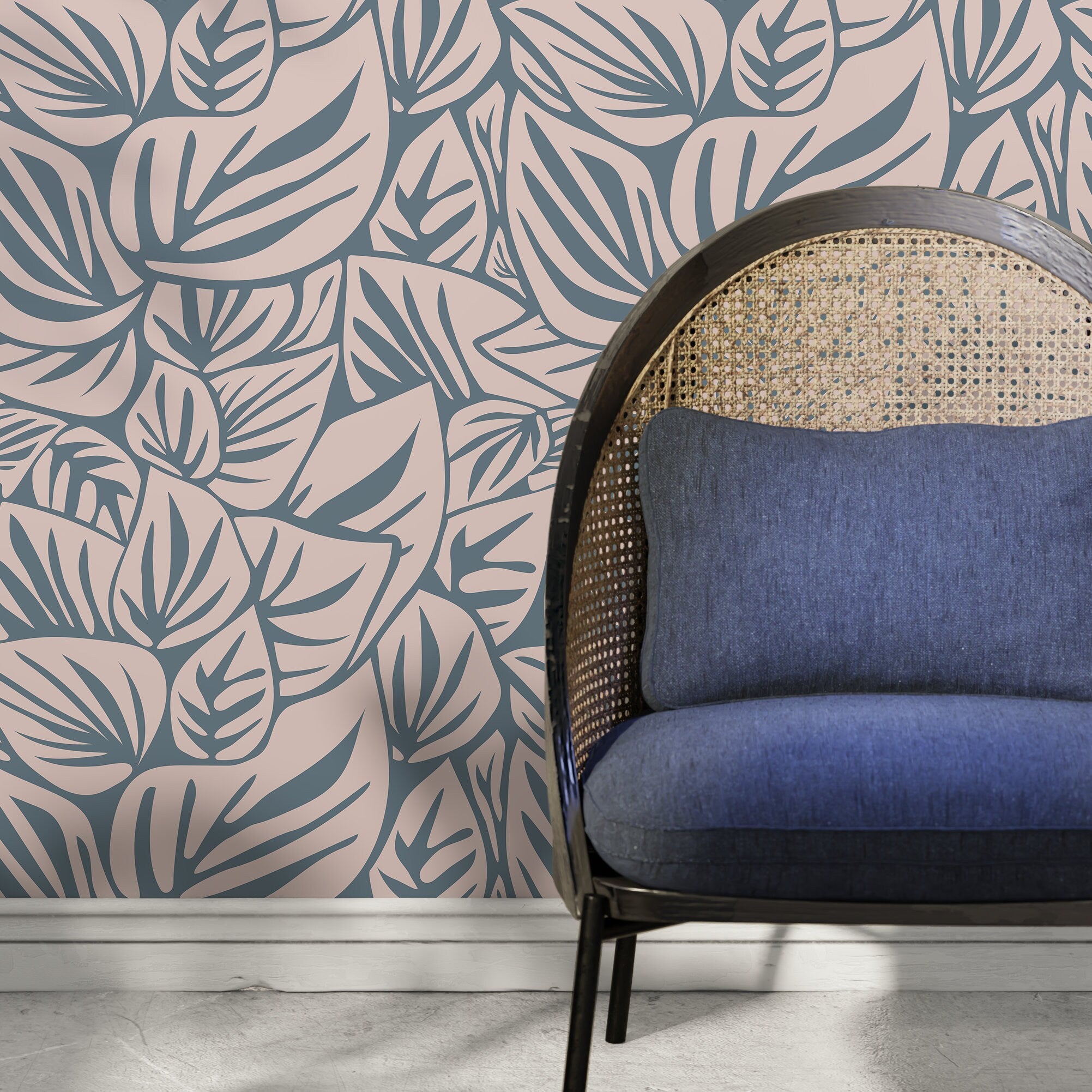 Botanical Wallpaper With Overlapping Leaves In Blue And Beige - D652
