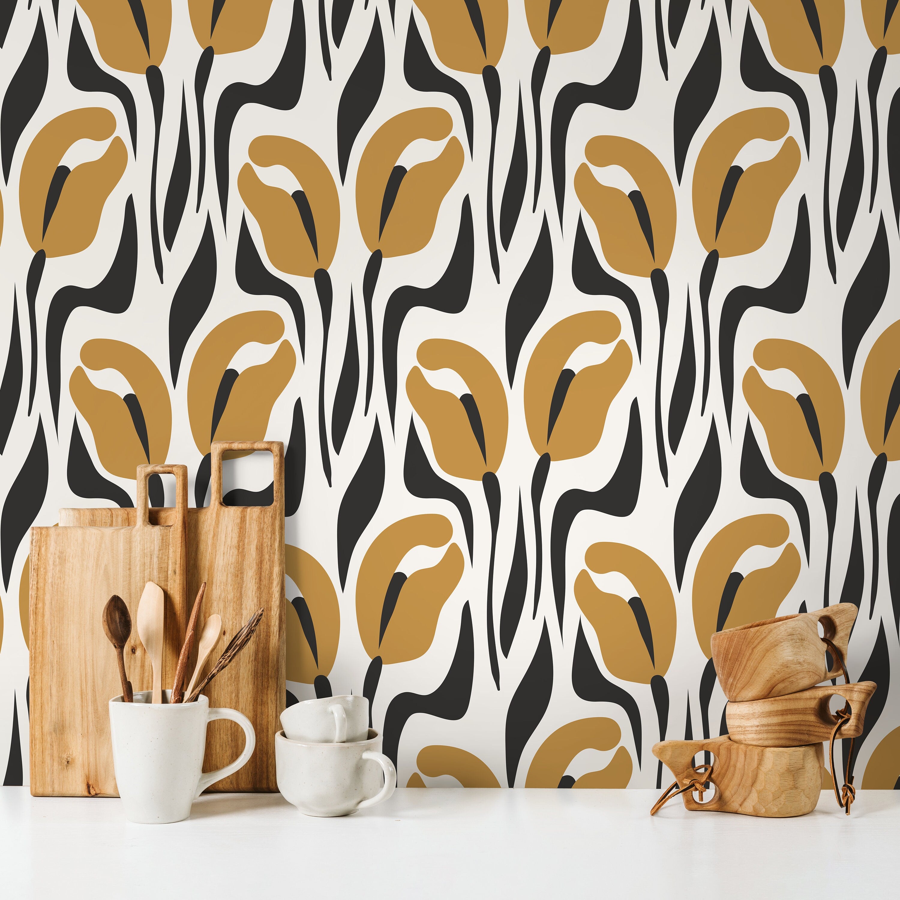 Floral Wallpaper With Abstract Tulips In Mustard Yellow And Black - D654
