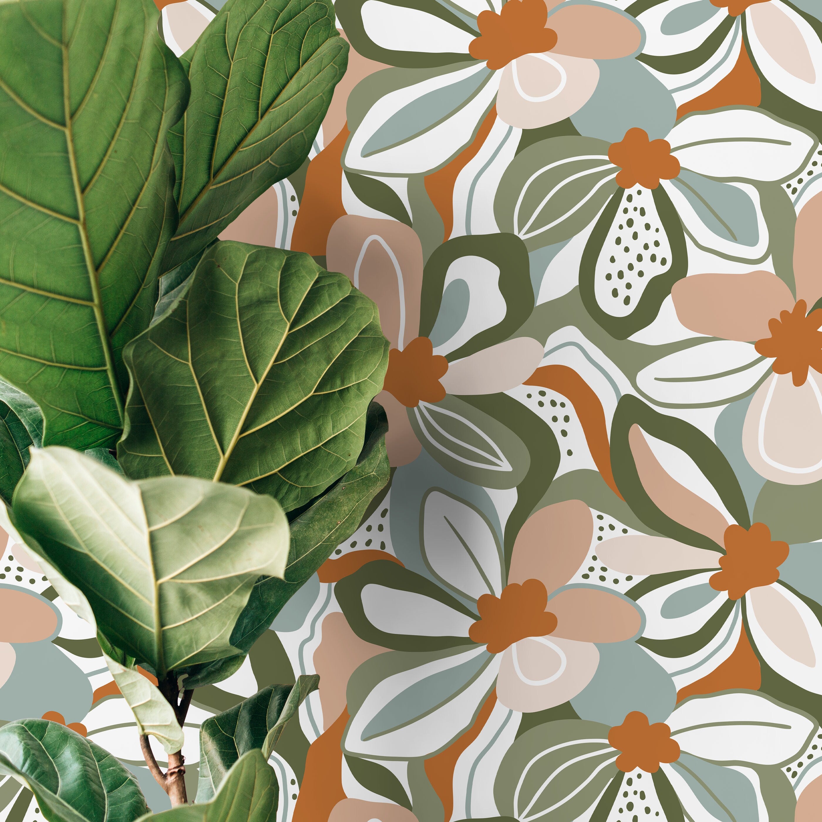 Floral Wallpaper With A Modern Abstract Motif In Green, Terracotta, And Pink - D655
