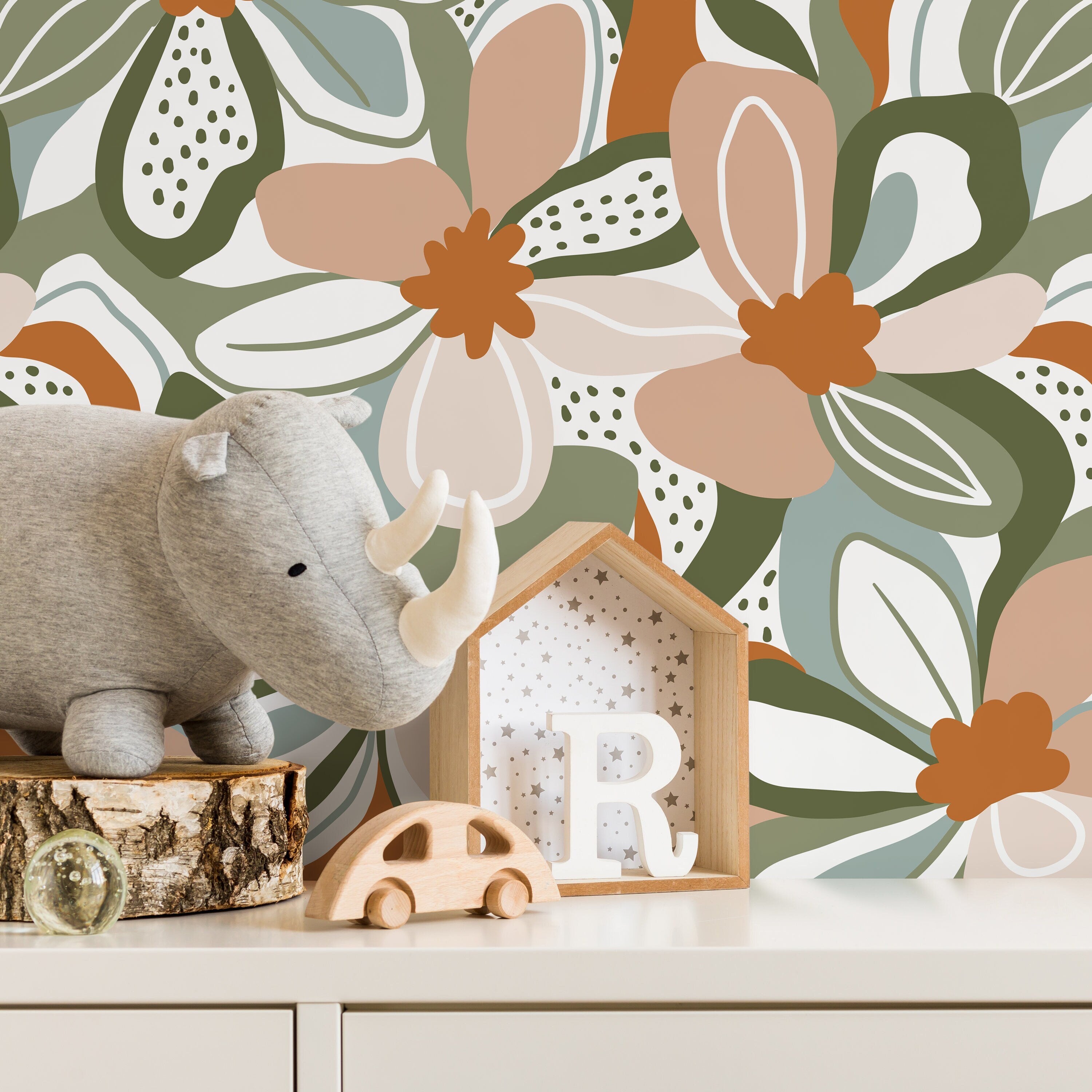 Floral Wallpaper With A Modern Abstract Motif In Green, Terracotta, And Pink - D655