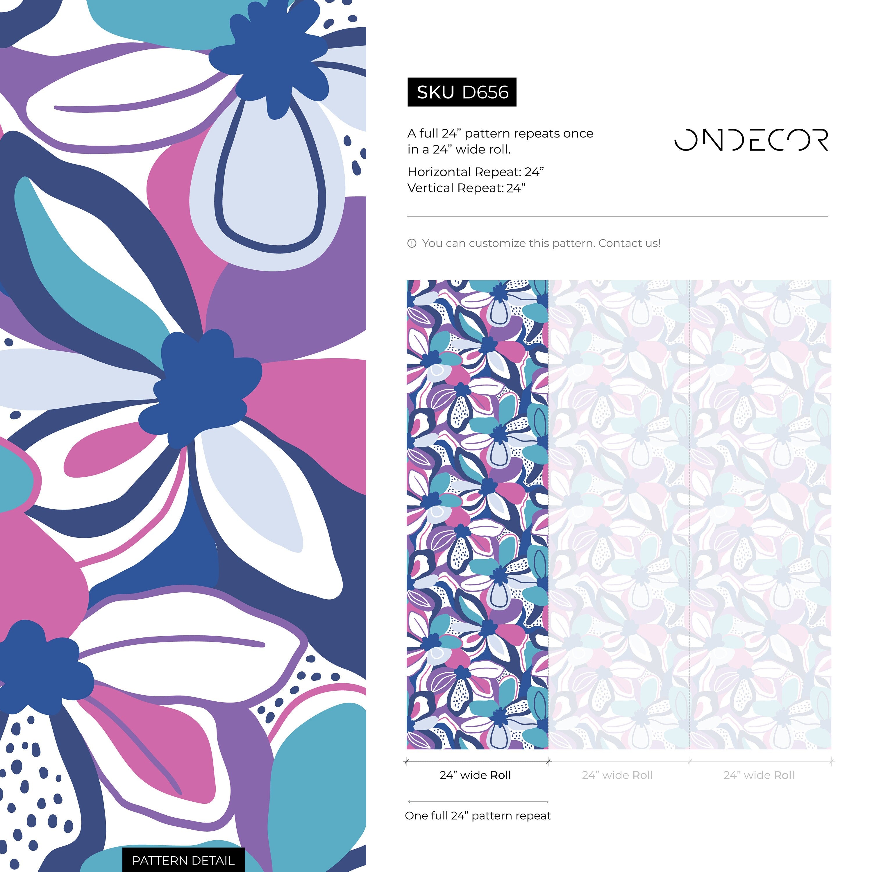 Floral Wallpaper With Graphic Blooms In Purple, Blue, And Pink - D656