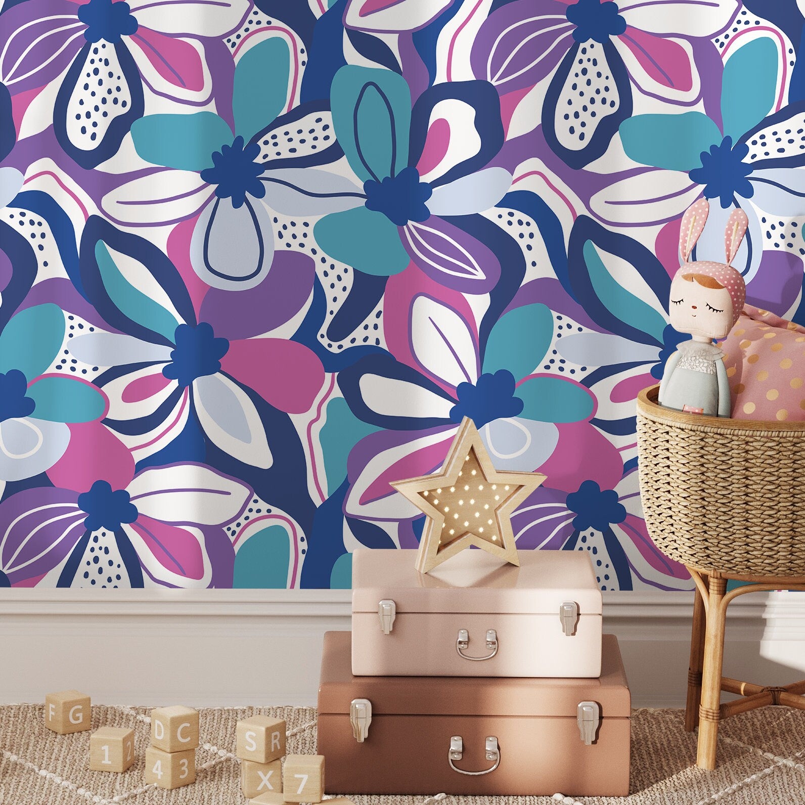 Floral Wallpaper With Graphic Blooms In Purple, Blue, And Pink - D656
