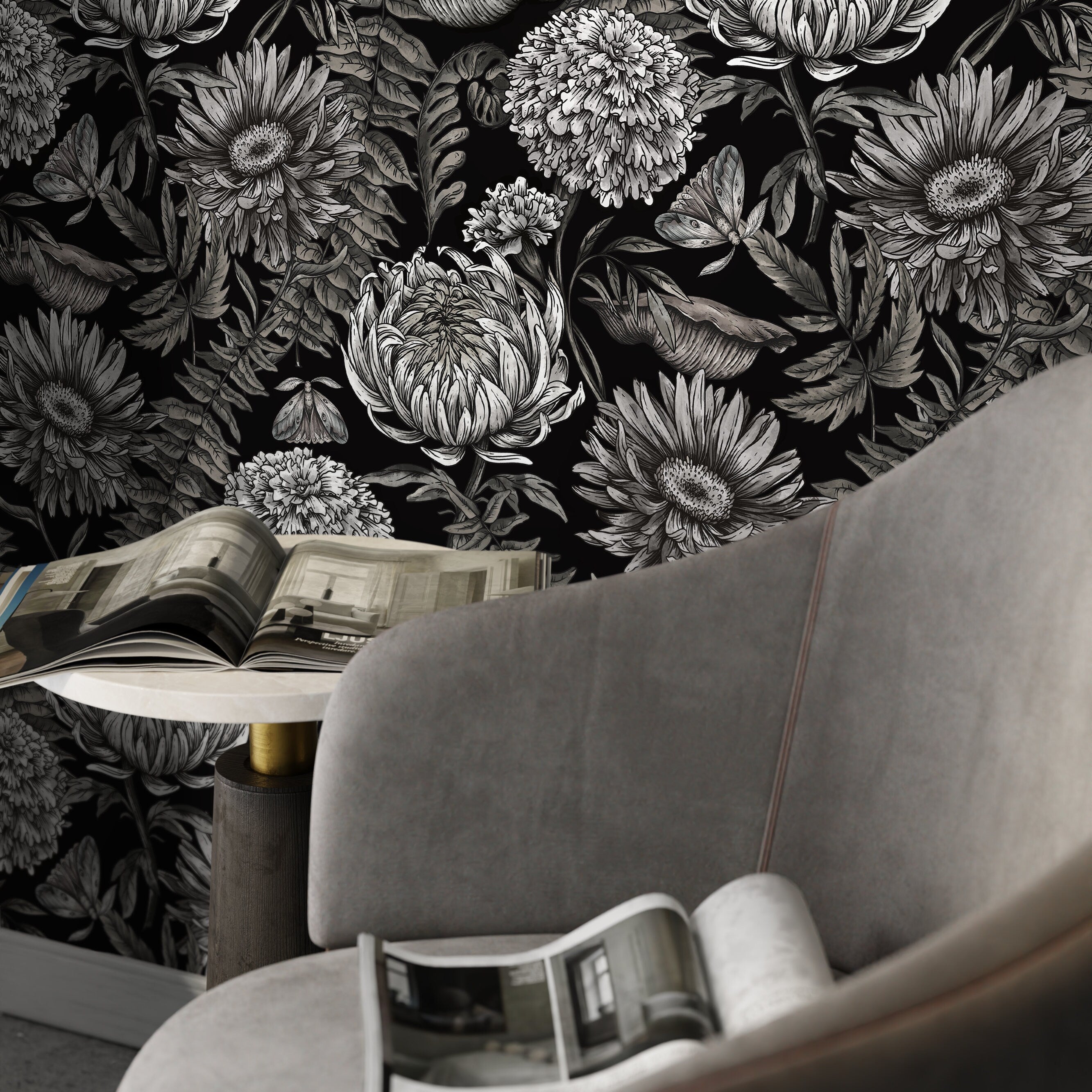 Floral Wallpaper With Intricate Chrysanthemums And Moths In Black And White - D824