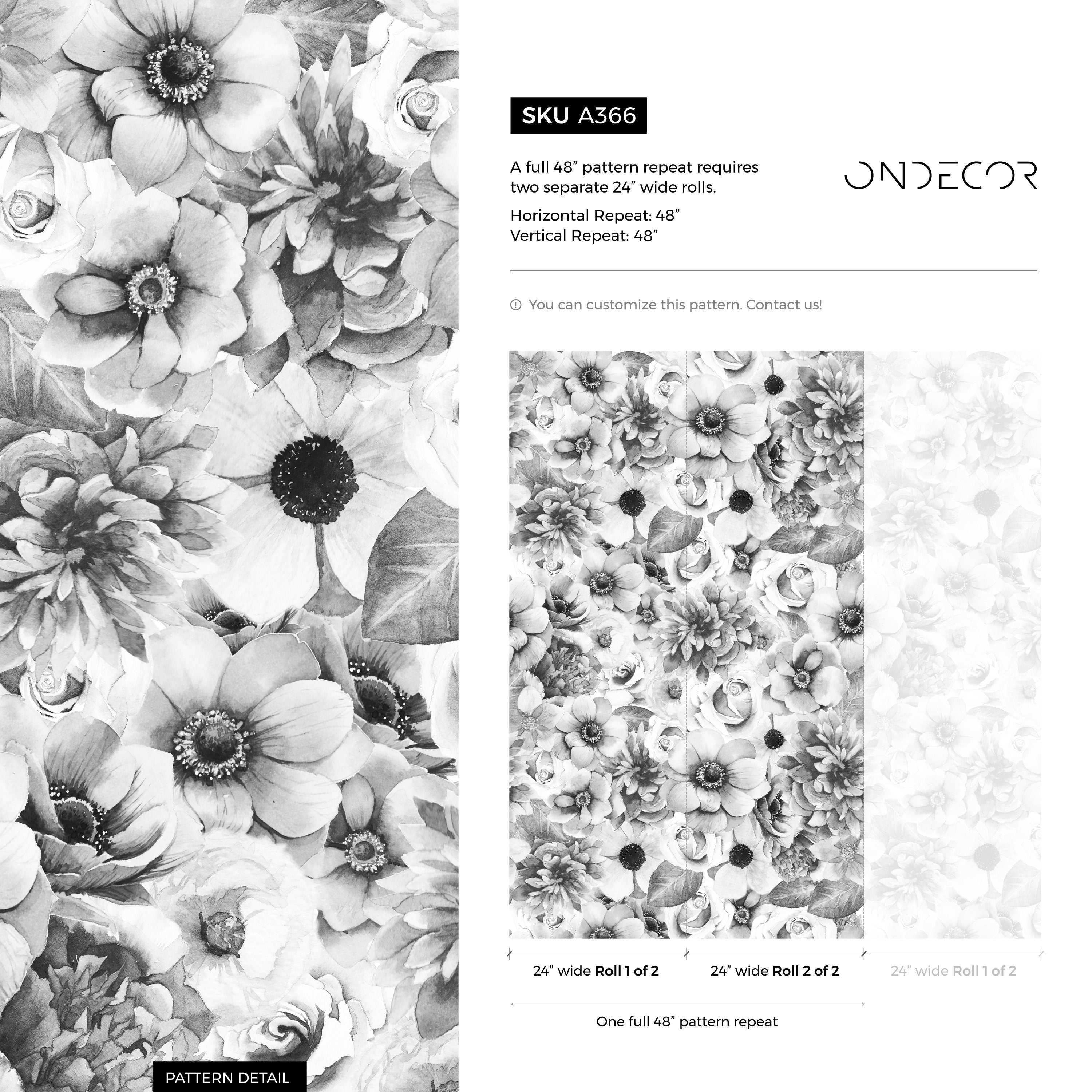 Floral Wallpaper With A Detailed Sketch Of Garden Blooms In Grayscale - A366