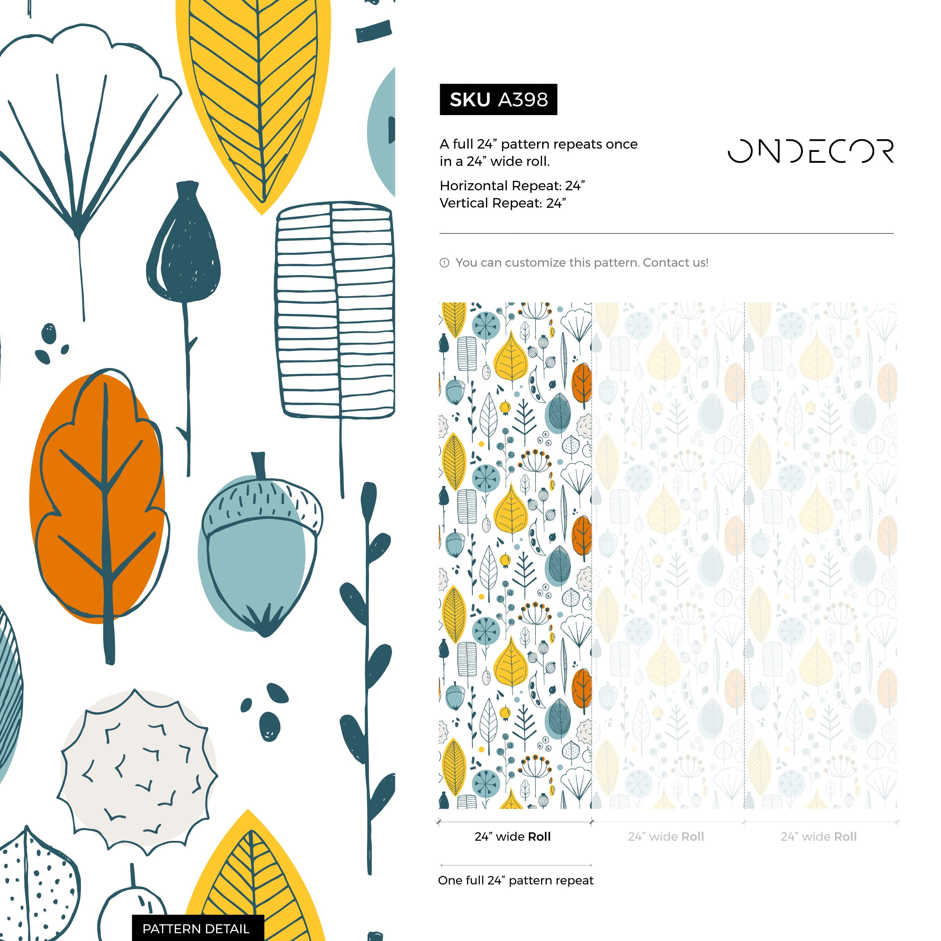 Botanical Wallpaper With A Scandinavian Forest Motif In Yellow, Teal, And Orange - A398