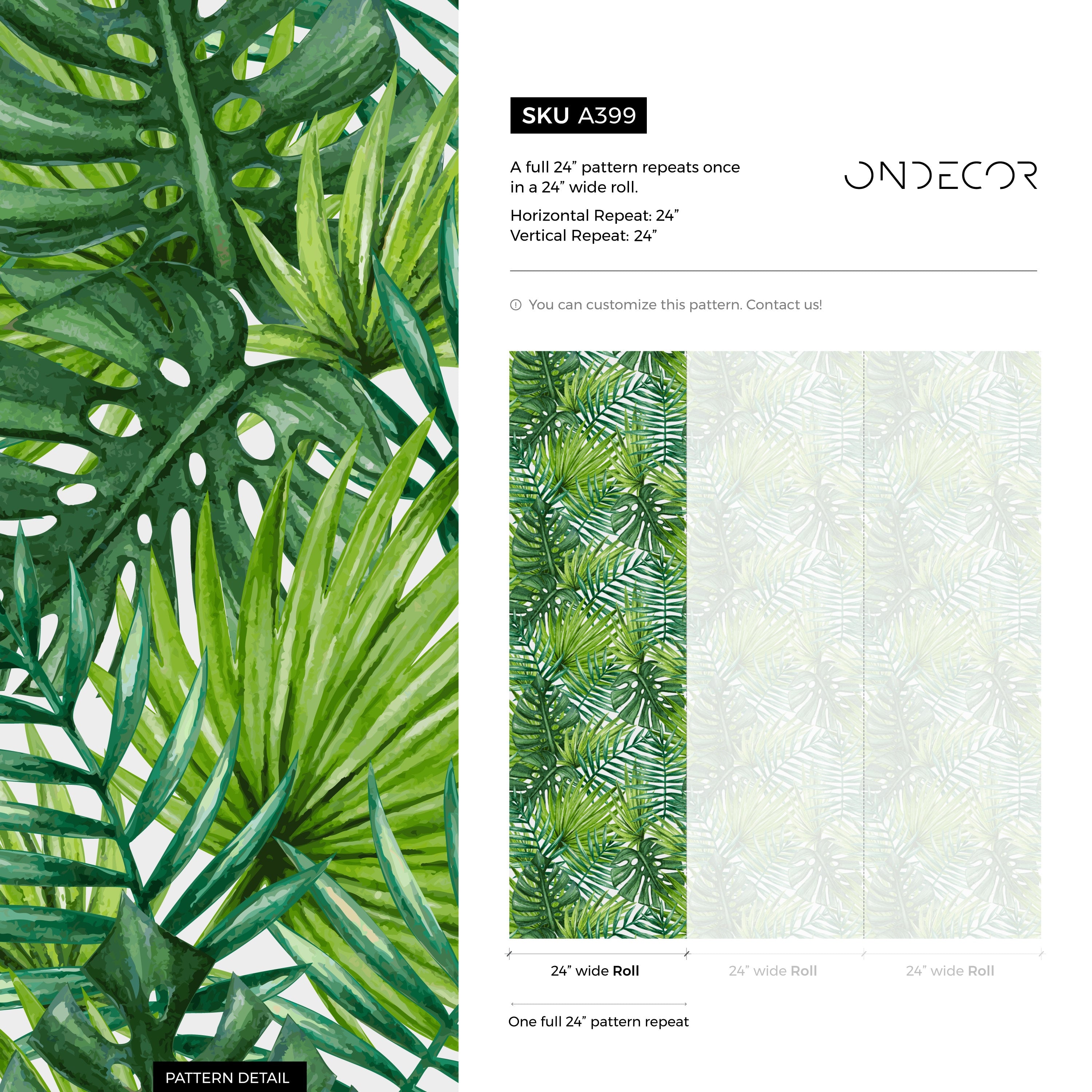 Tropical Wallpaper Featuring Lush Monstera And Palm Leaves In Green - A399