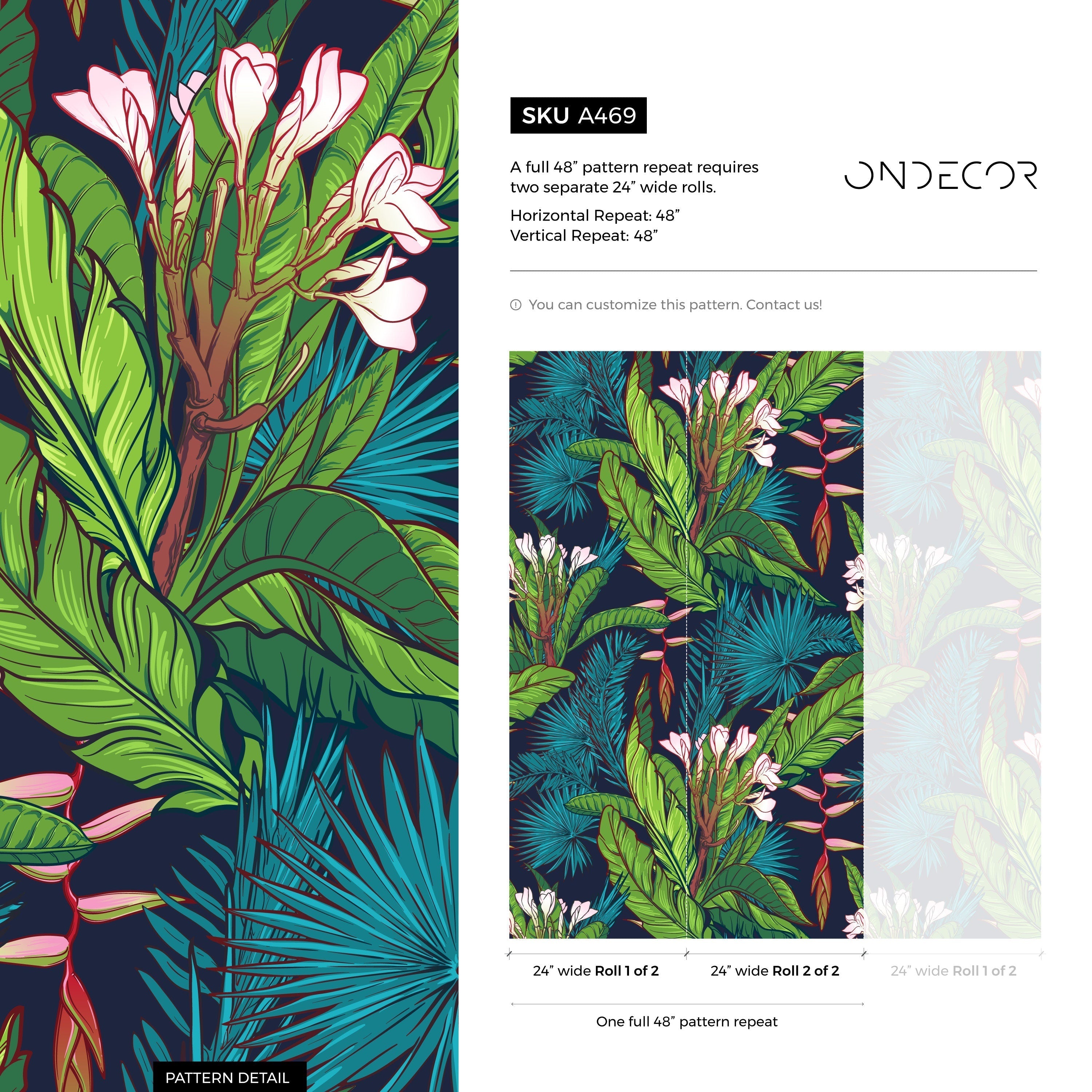 Tropical Wallpaper With Lush Jungle Leaves In Navy Blue, Green, And Teal - A469
