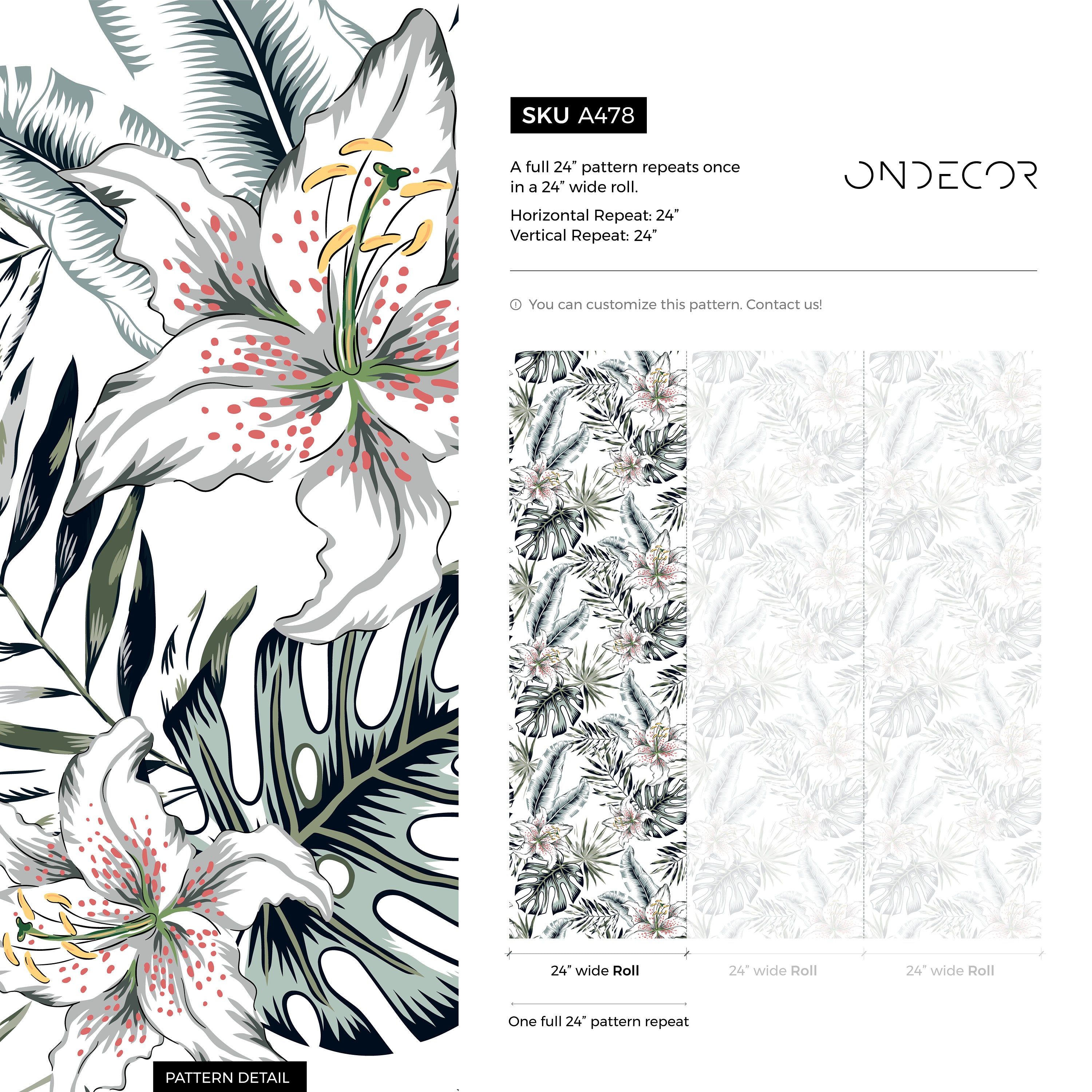 Tropical Wallpaper With Lilies And Palm Leaves In Green And Pink - A478