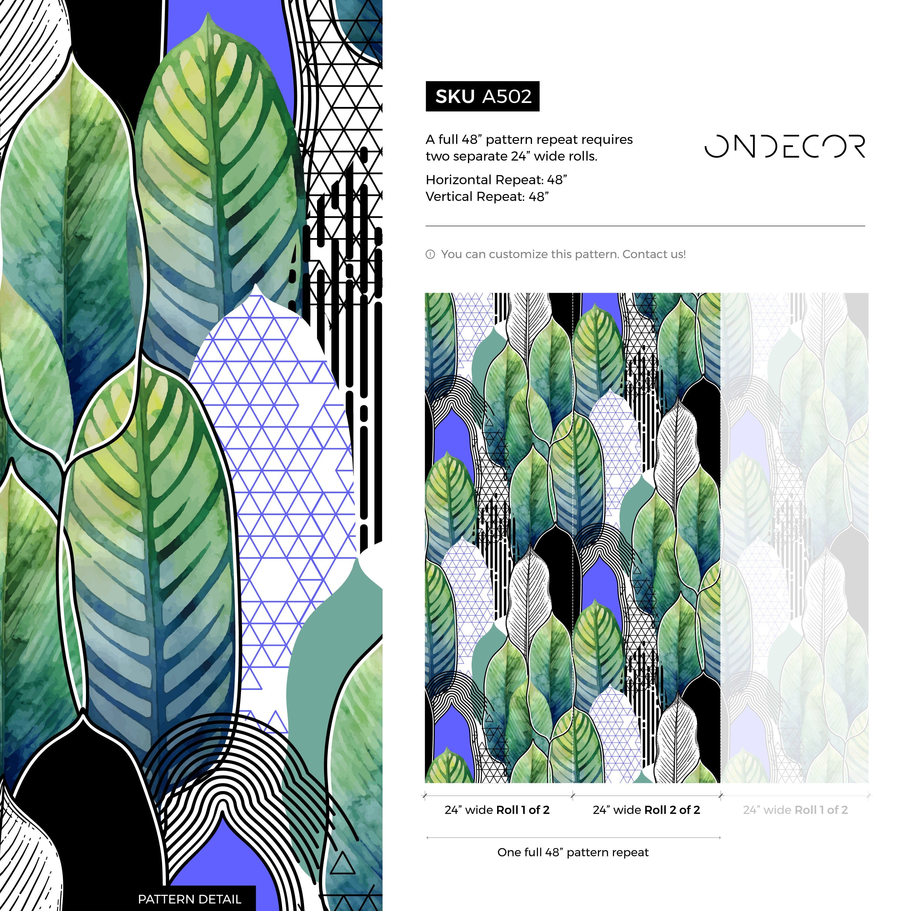 Botanical Wallpaper With Abstract And Geometric Leaves In Green, Blue, And Black - A502