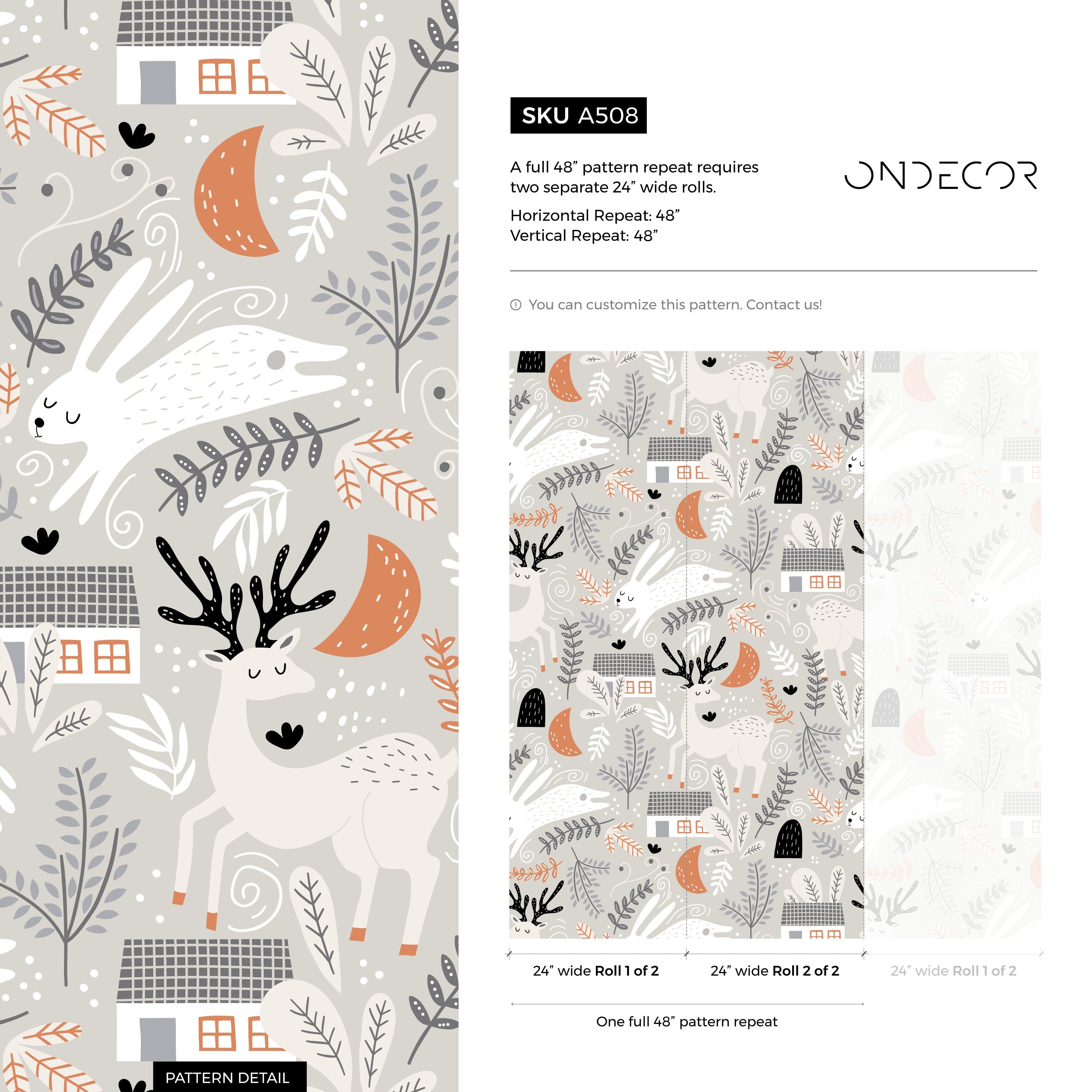 Animal Wallpaper With Deer, Rabbits, And Woodland Homes In Gray, Orange, And Black - A508