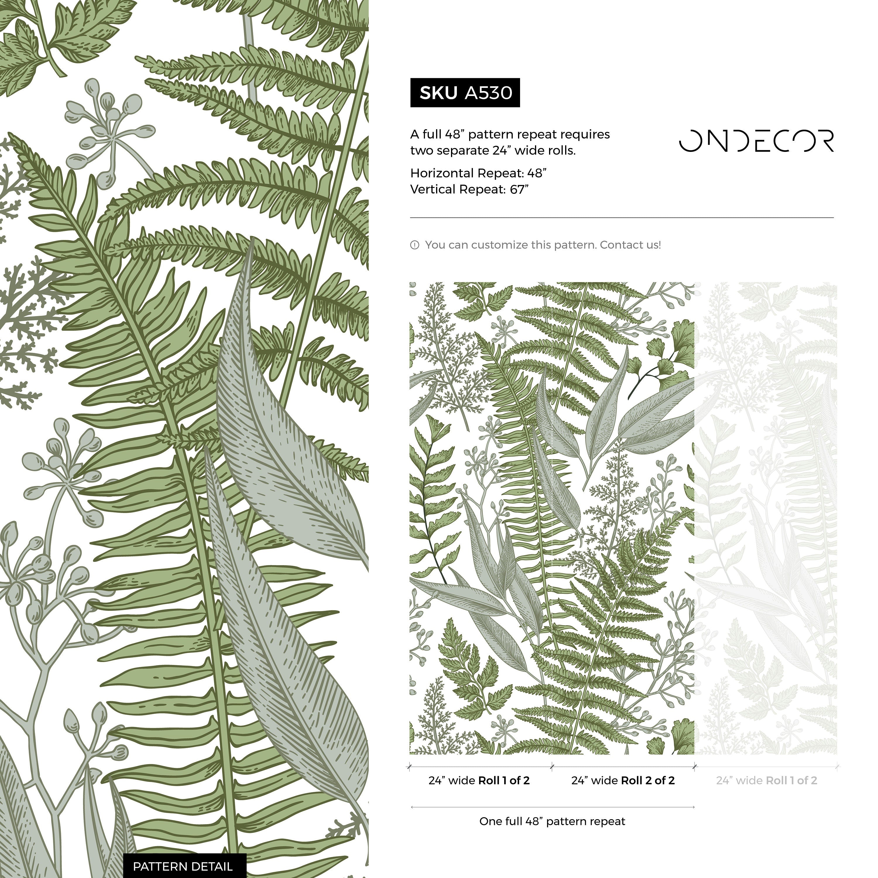 Botanical Wallpaper With Illustrated Fern And Foliage In Green And Sage - A530