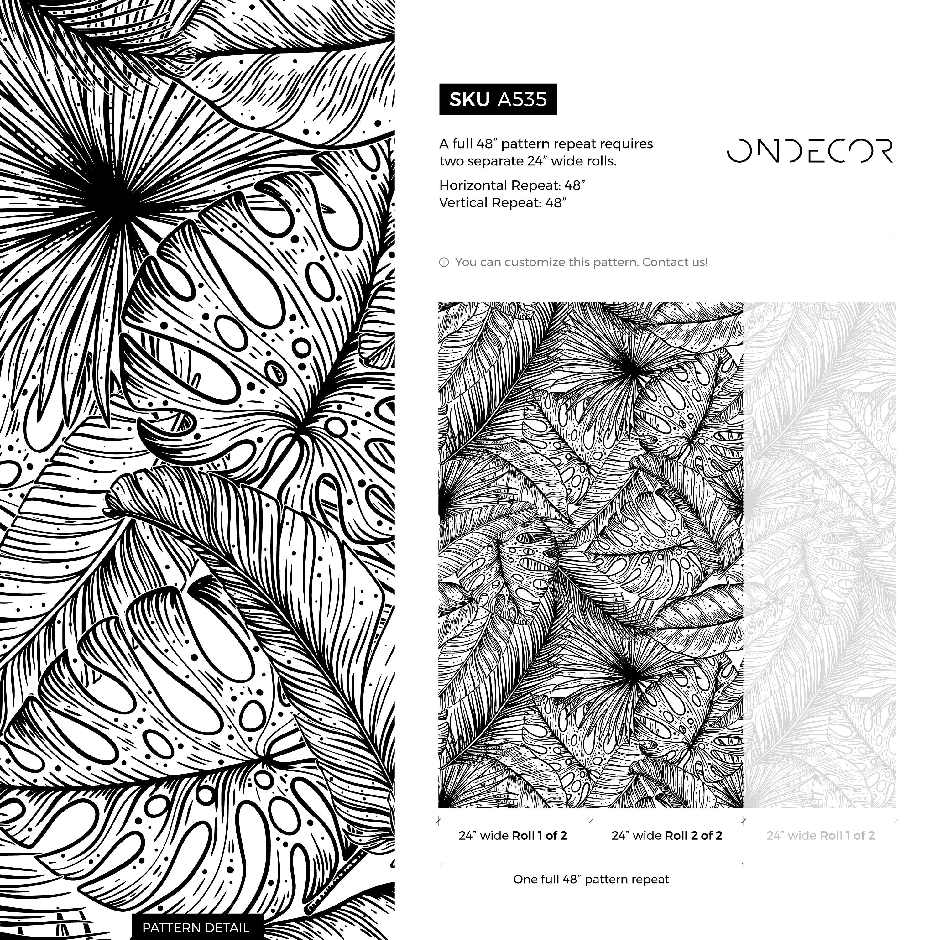 Tropical Wallpaper With An Intricate Line Art Leaf Motif In Black And White - A535