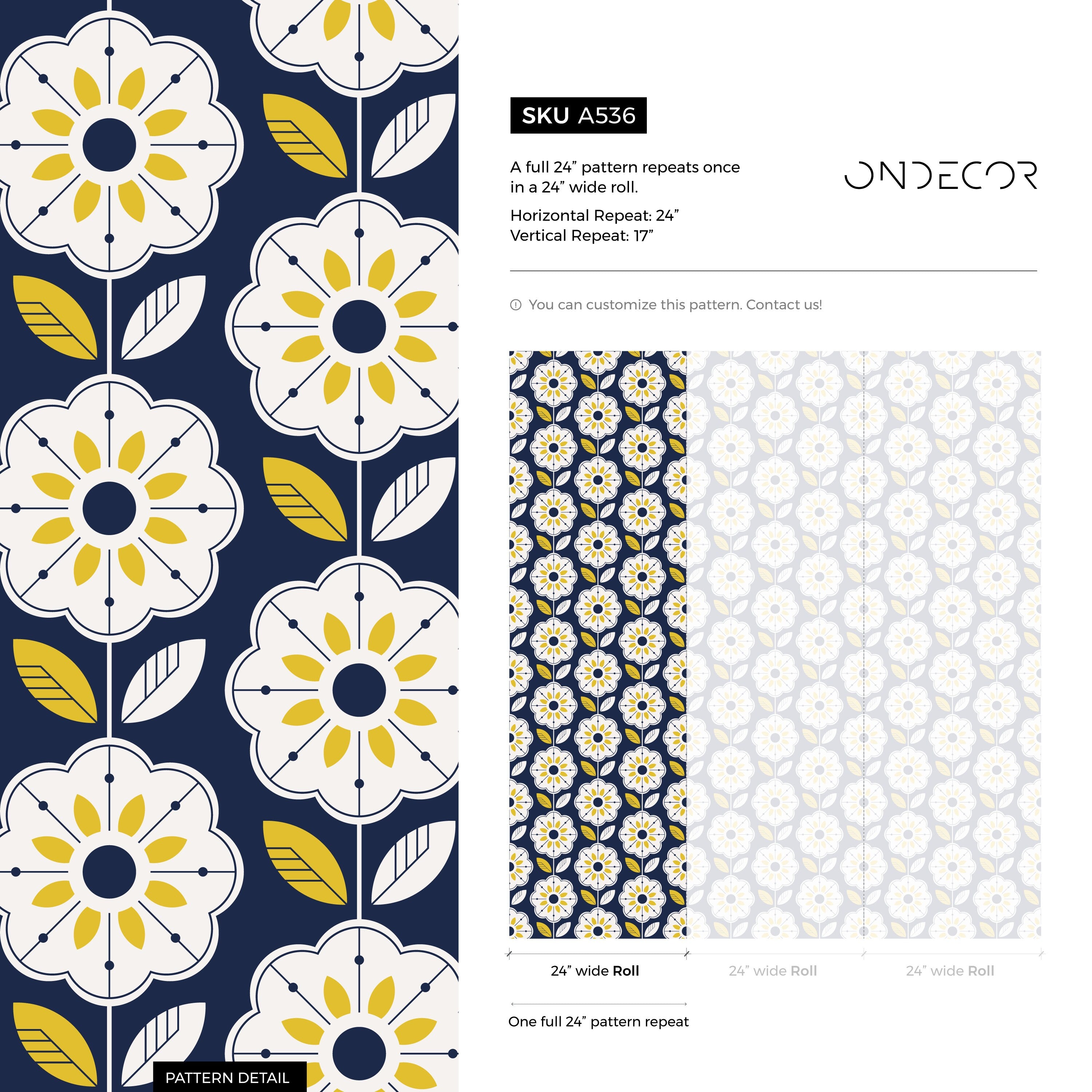 Geometric Floral Wallpaper With A Scandinavian Motif In Navy Blue And Yellow - A536