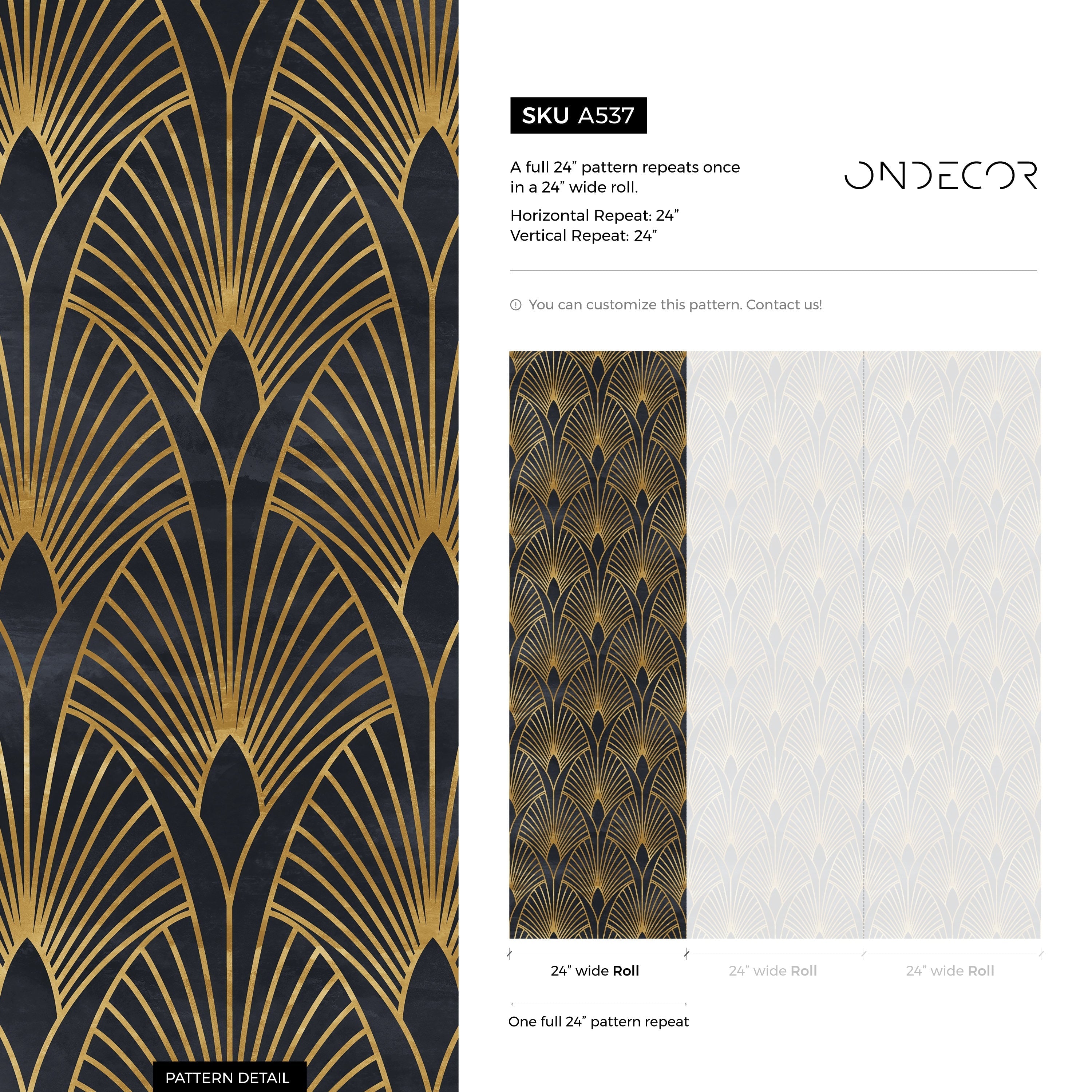 Art Deco Wallpaper With A Geometric Fan Motif In Black And Gold - A537
