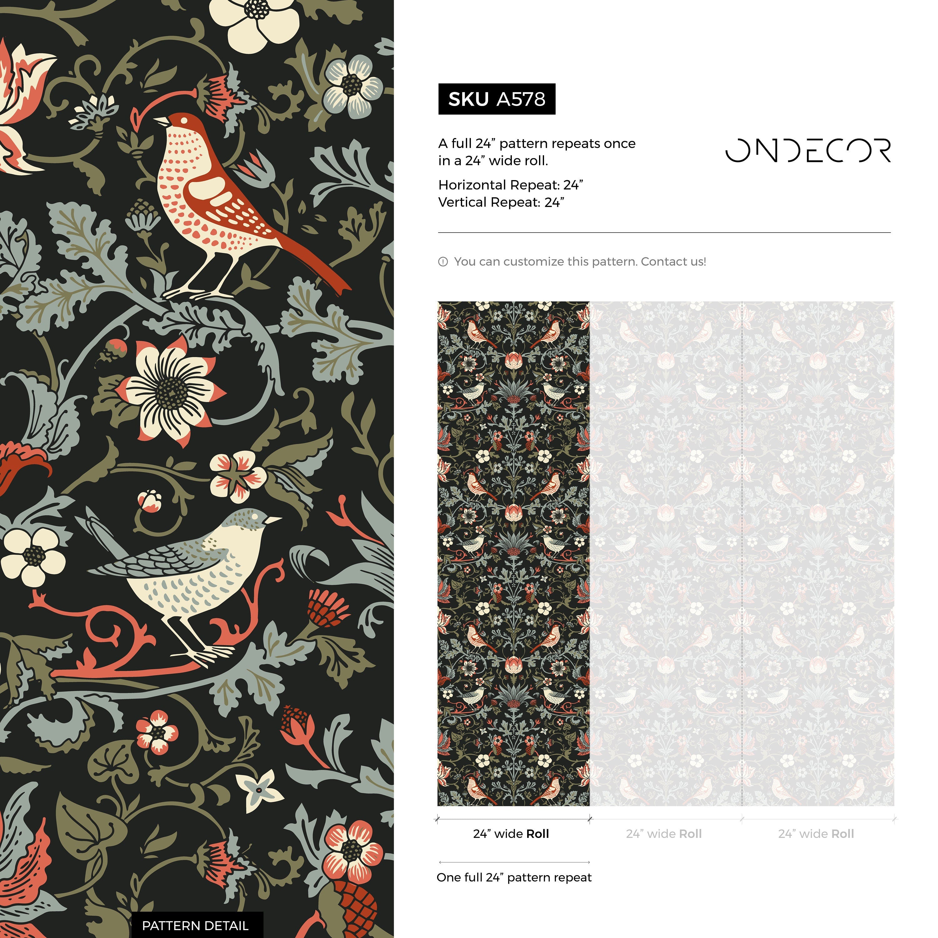 Art Nouveau Wallpaper With Birds And Florals In Red, Green, And Black - A578