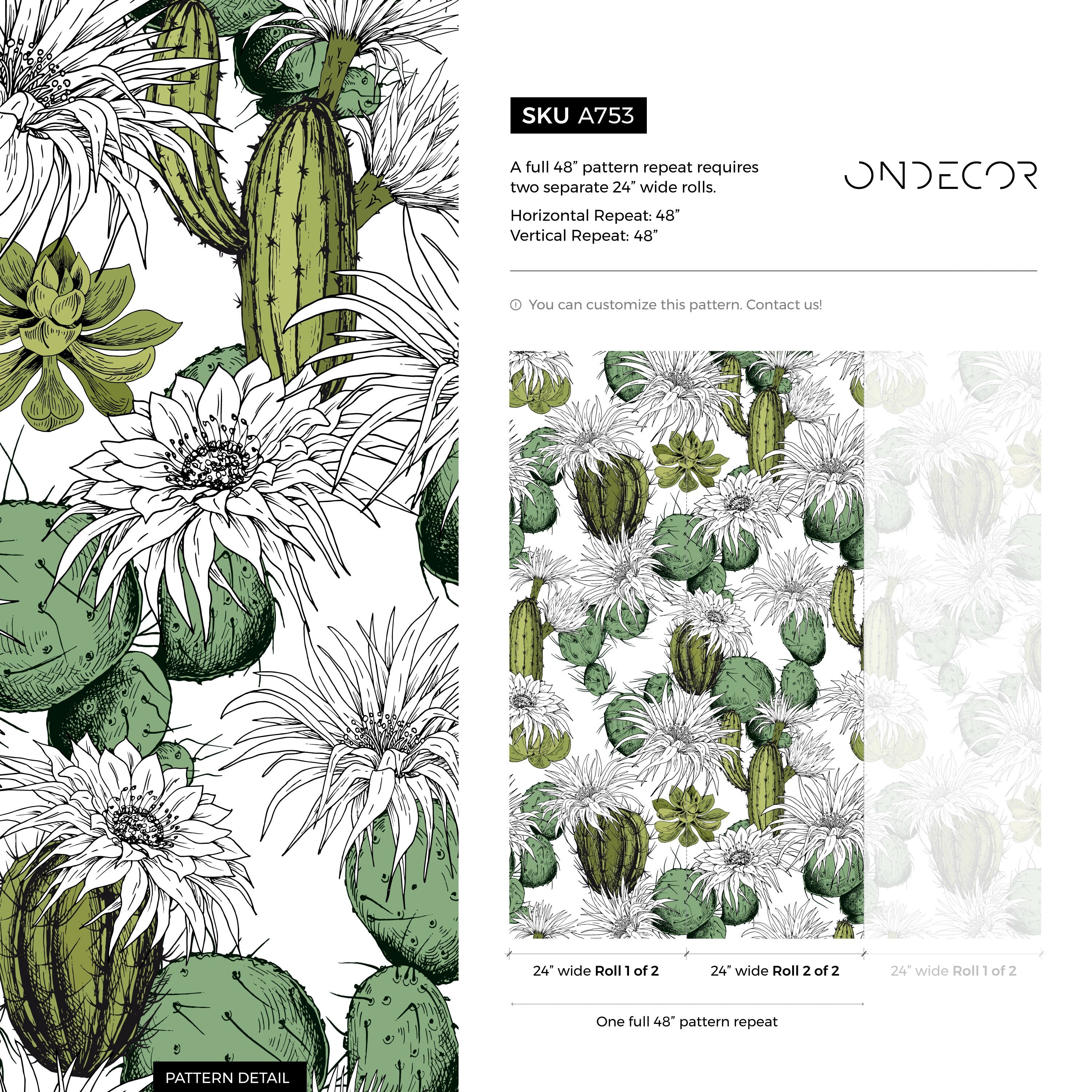 Botanical Wallpaper With Hand-drawn Cacti In Green And Black - A753
