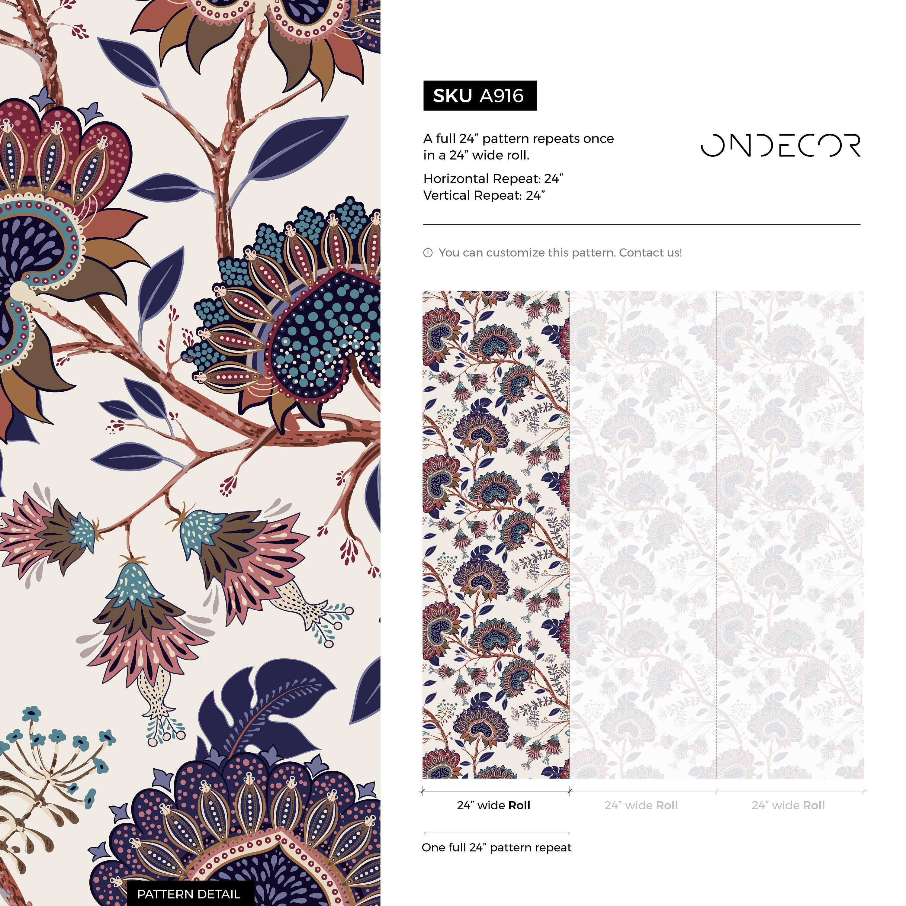 Floral Wallpaper With A Vintage Jacobean Print In Blue, Red, And Brown - A916