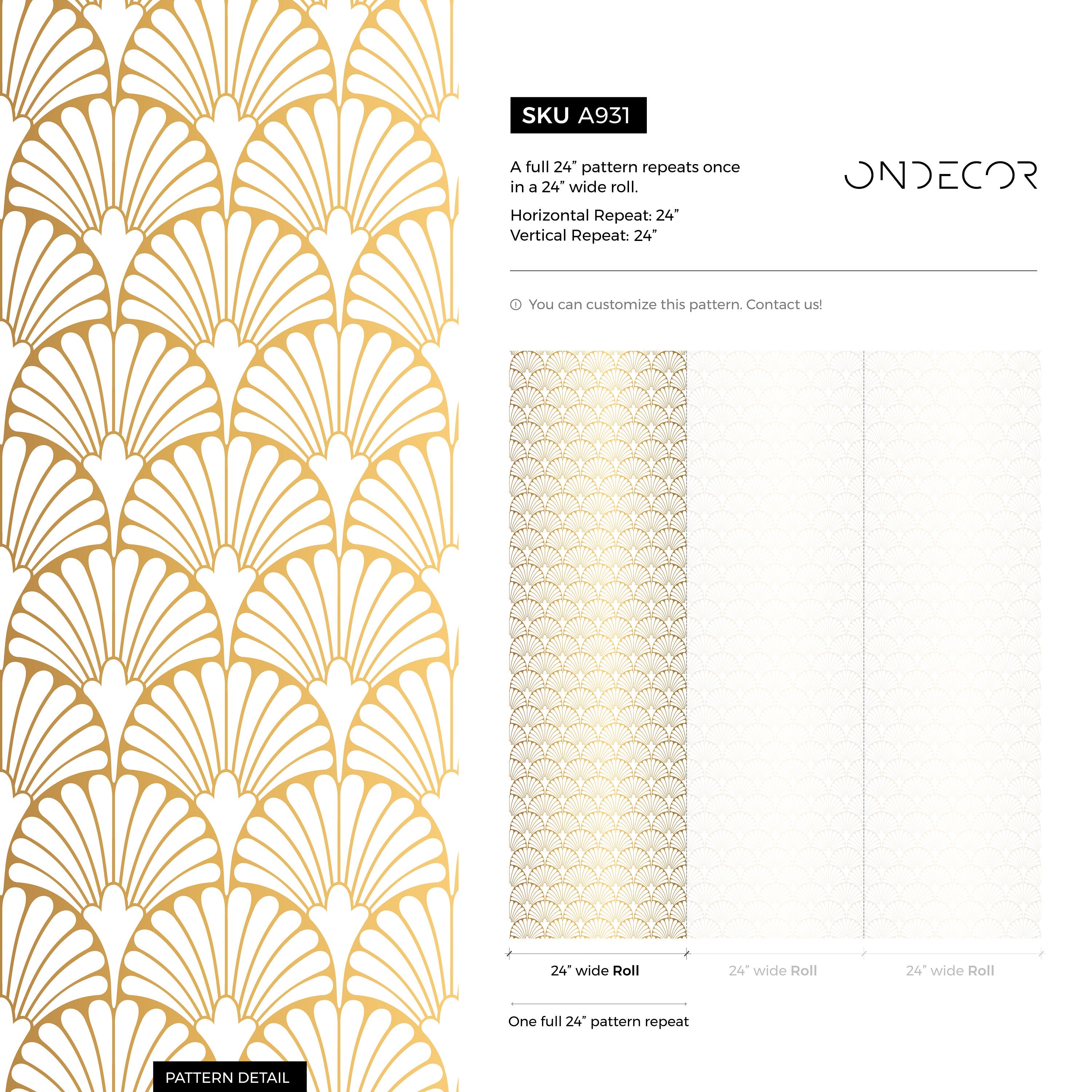 Art Deco Wallpaper With A Geometric Fan Pattern In Gold And White - A931