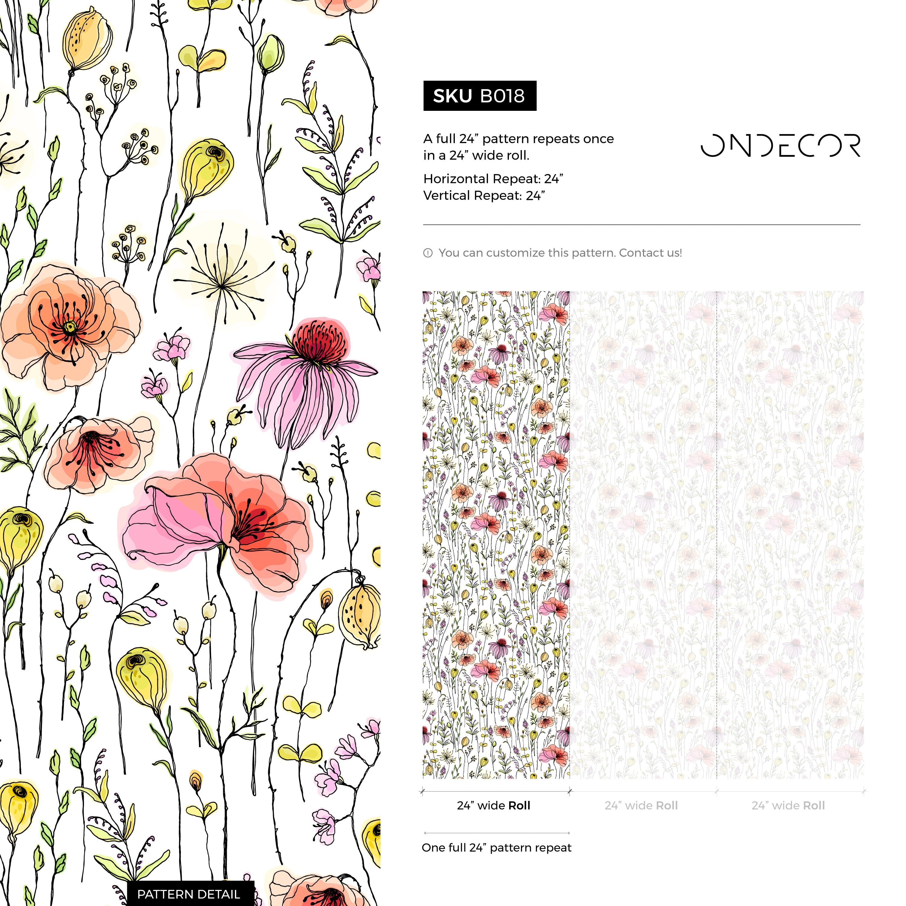 Floral Wallpaper With A Wildflower Meadow In Pink, Peach, And Yellow - B018