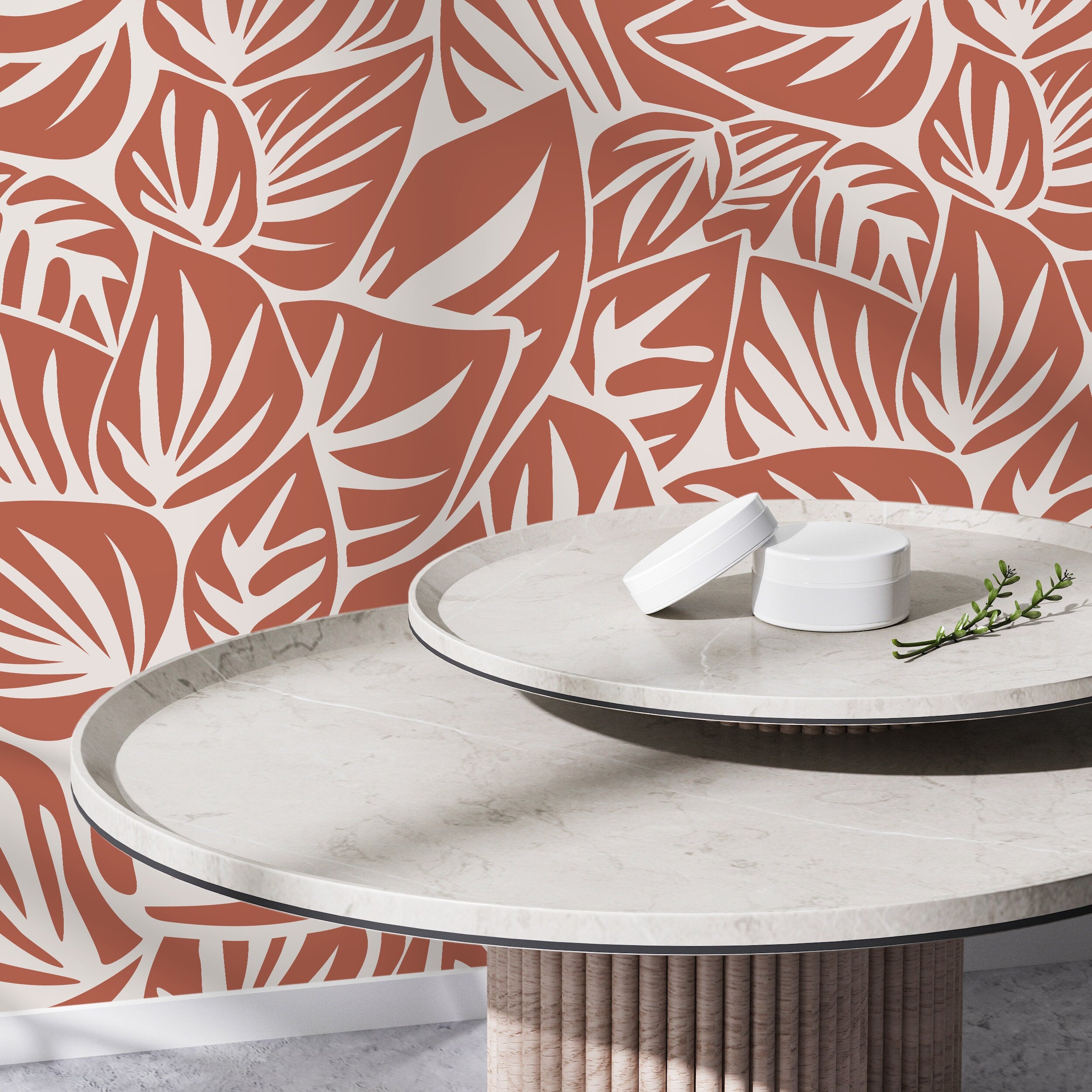 Botanical Wallpaper With A Modern Leaf Motif In Red And Cream - D650