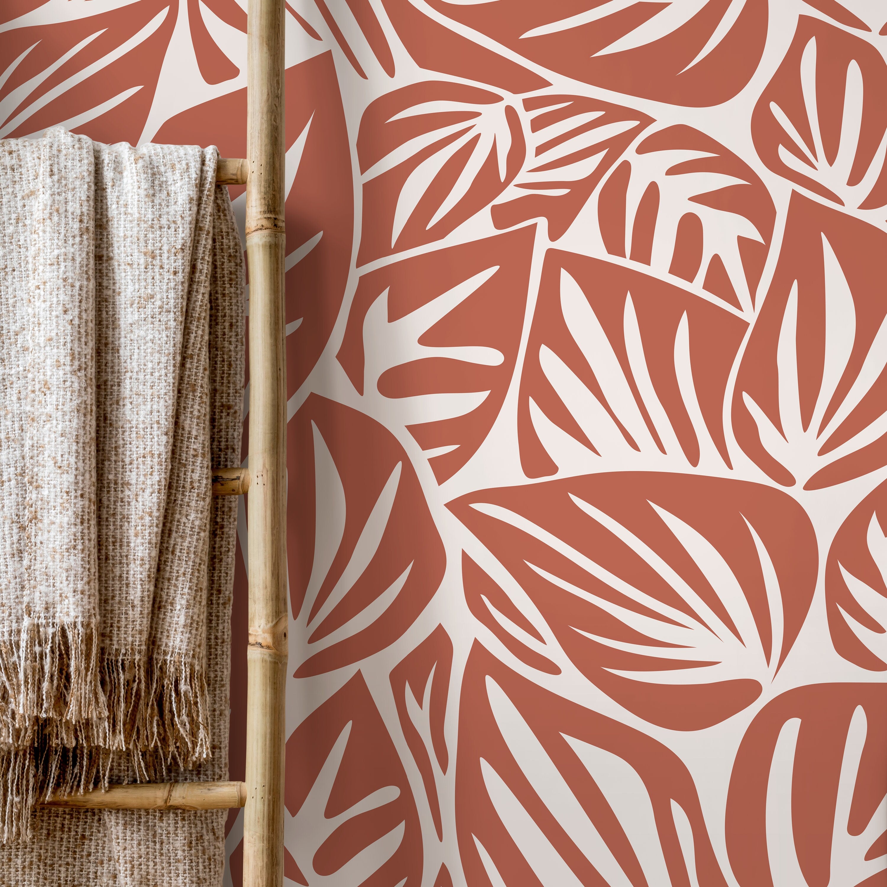 Botanical Wallpaper With A Modern Leaf Motif In Red And Cream - D650