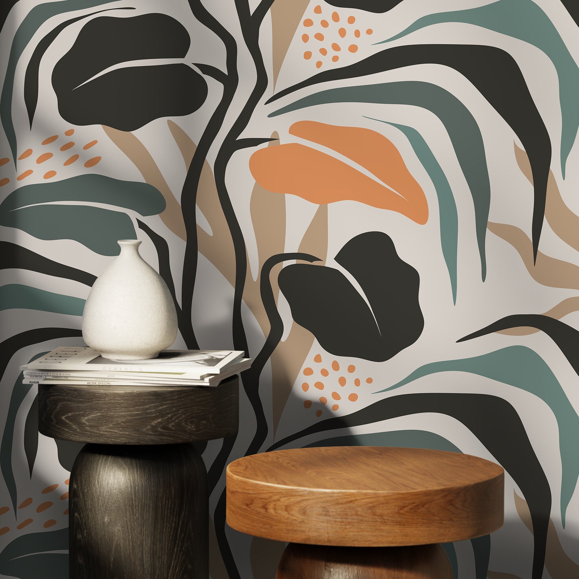 Botanical Wallpaper With Abstract Tropical Leaves In Black, Teal, And Orange - D718
