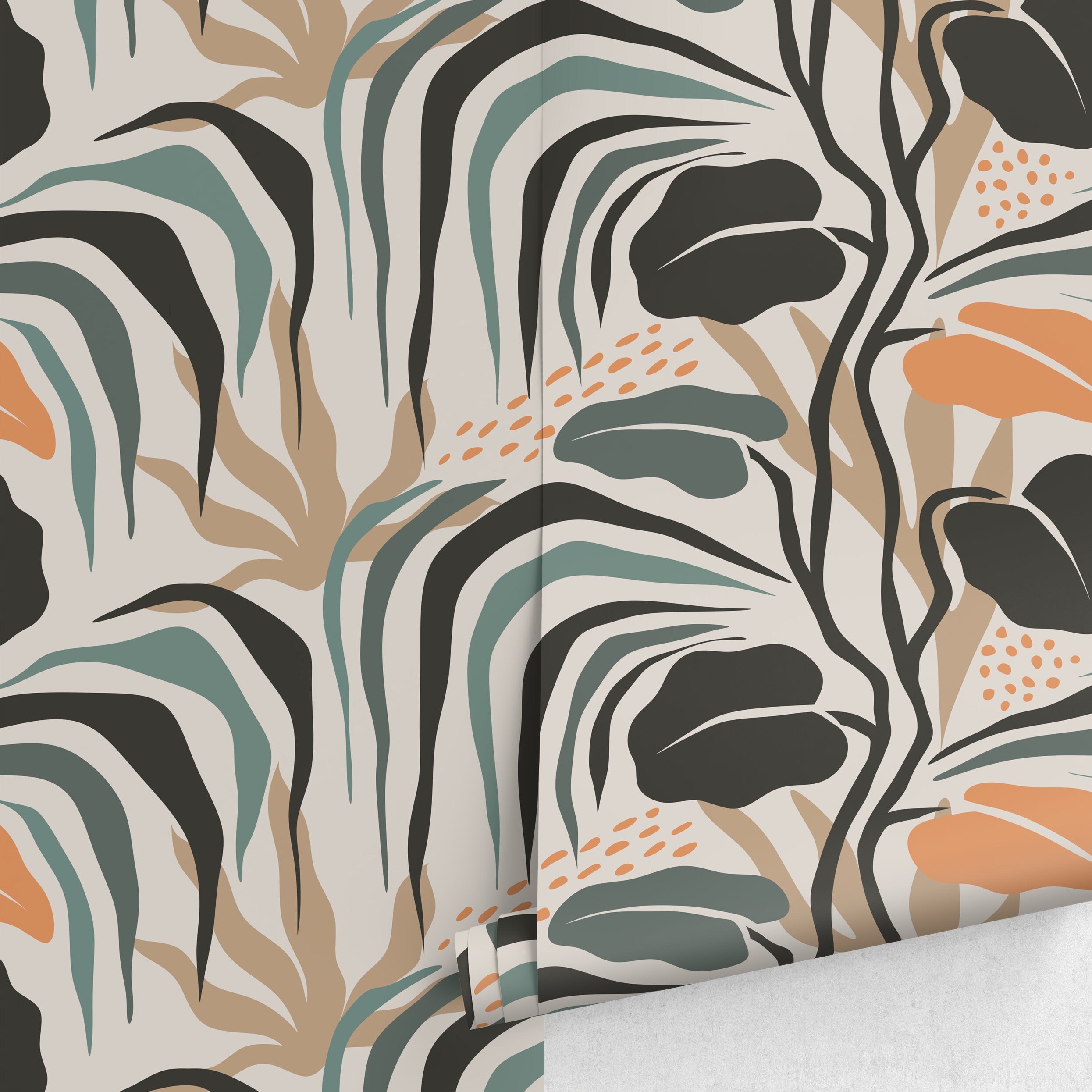 Botanical Wallpaper With Abstract Tropical Leaves In Black, Teal, And Orange - D718