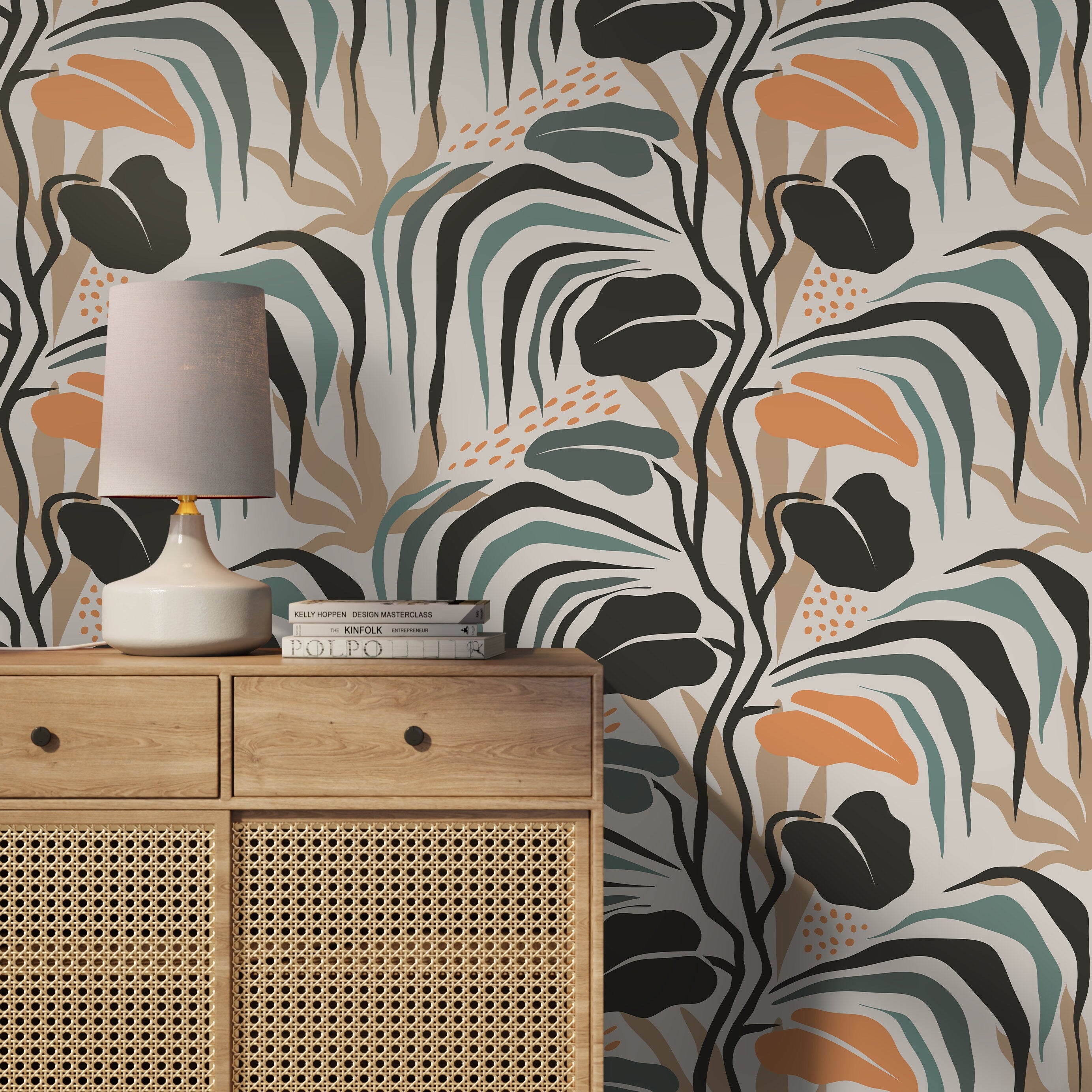 Botanical Wallpaper With Abstract Tropical Leaves In Black, Teal, And Orange - D718