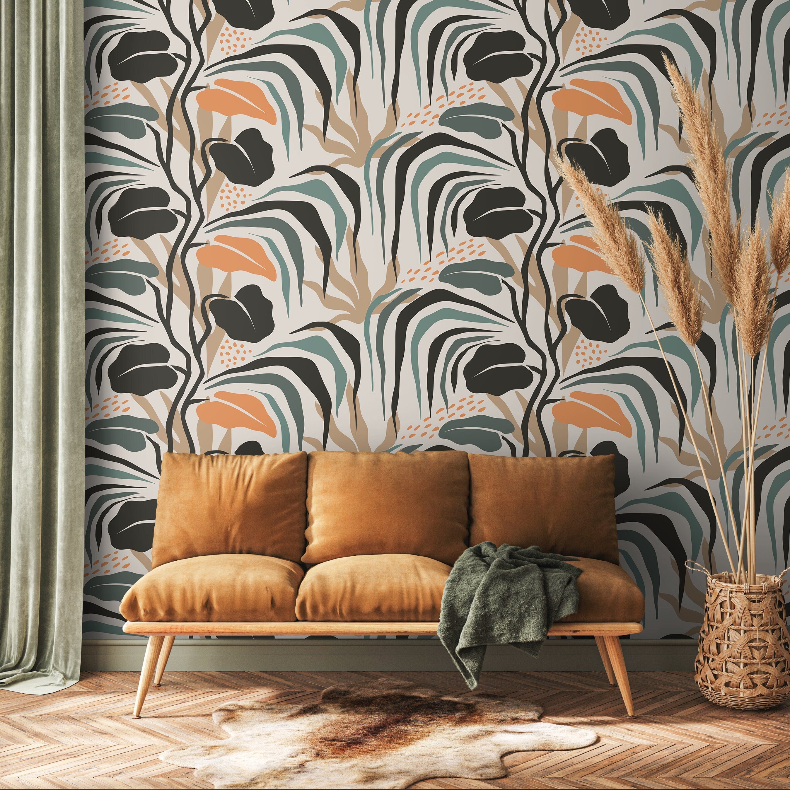Botanical Wallpaper With Abstract Tropical Leaves In Black, Teal, And Orange - D718