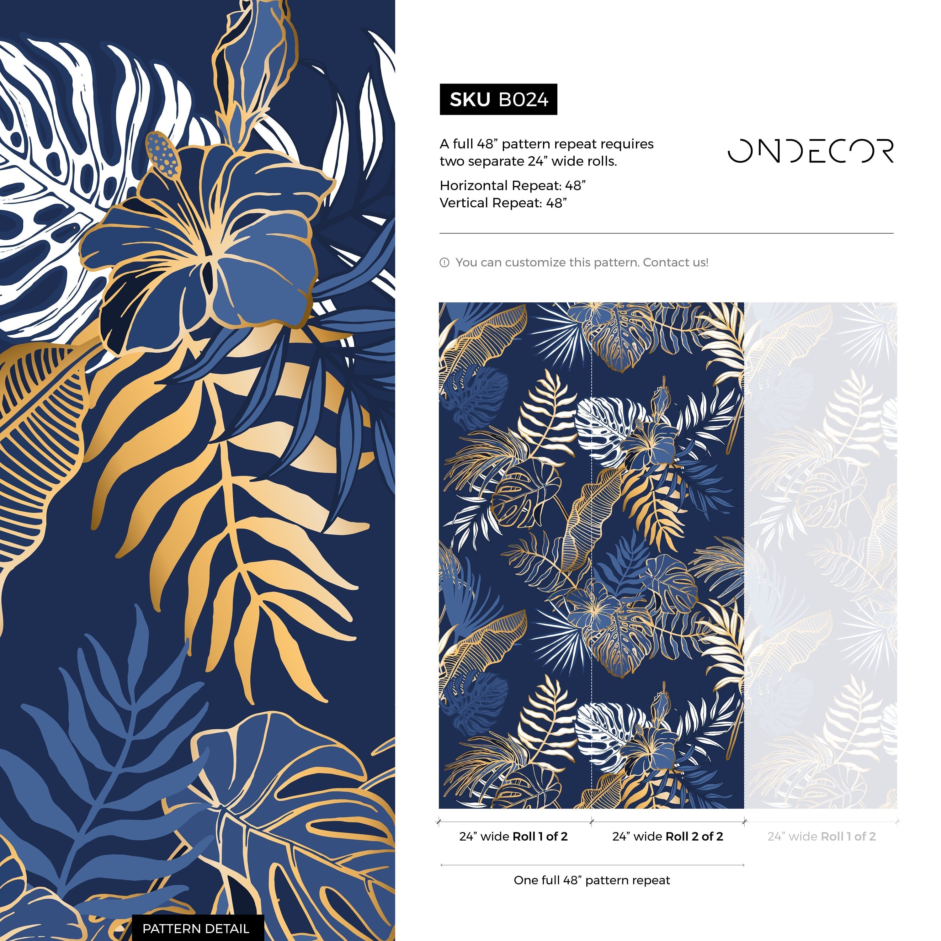 Tropical Wallpaper With Stylized Leaves And Hibiscus In Blue, White, And Gold - B024