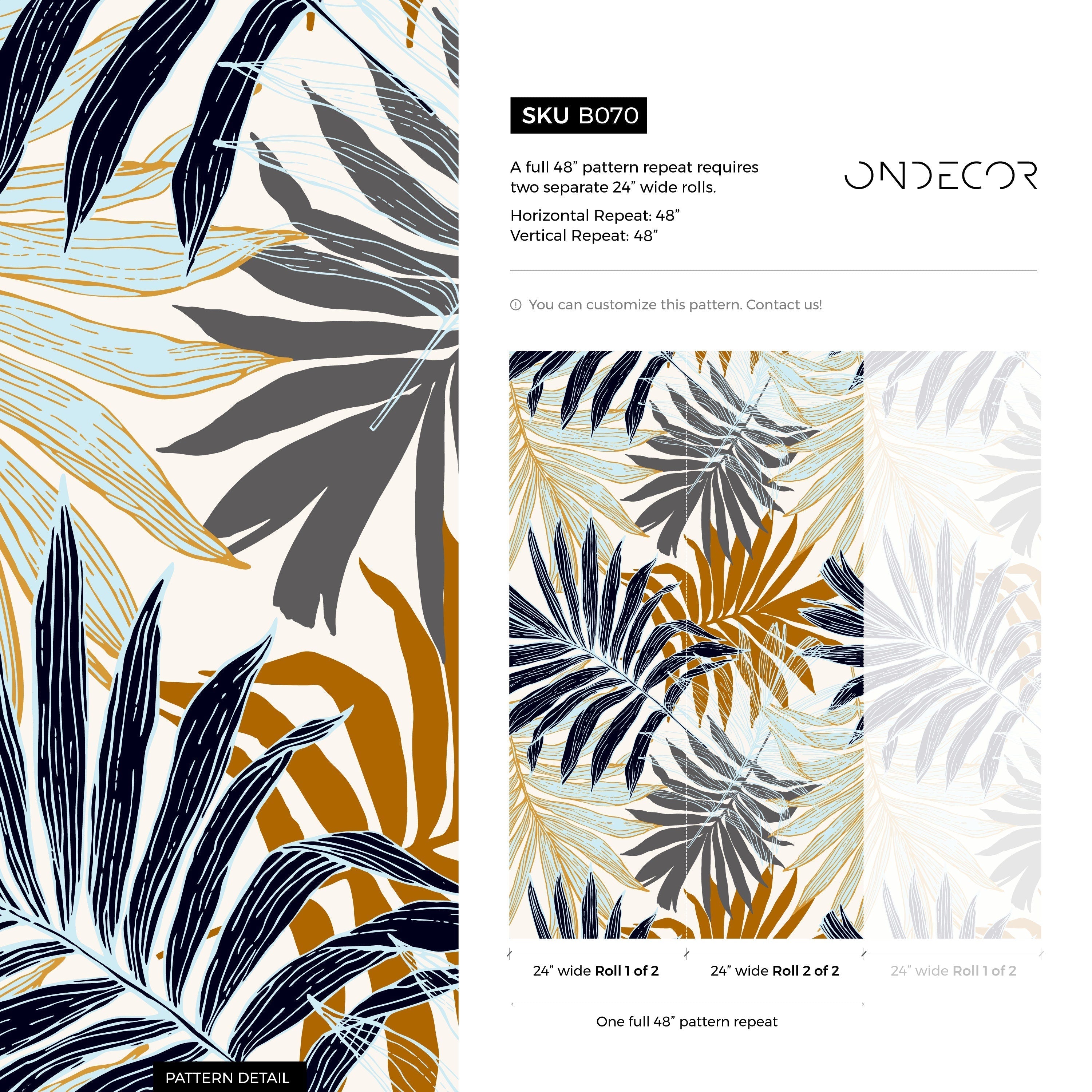Botanical Wallpaper Featuring Overlapping Palm Leaves In Blue, Gold, And Grey - B070
