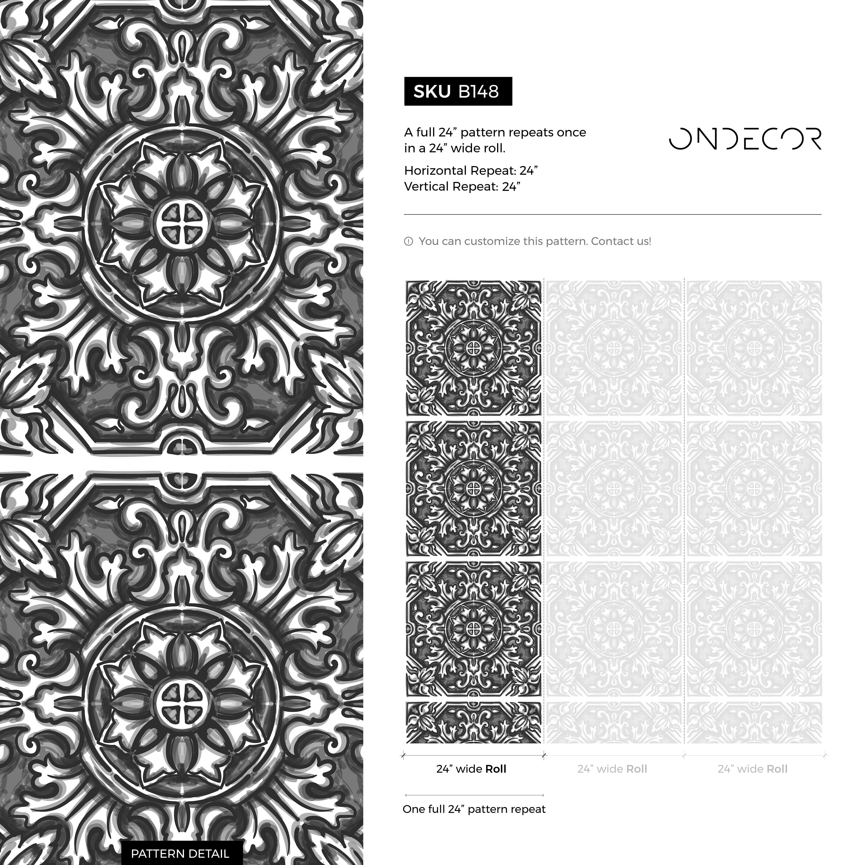 Tile Wallpaper With A Hand-sketched Baroque Motif In Black And Gray - B148