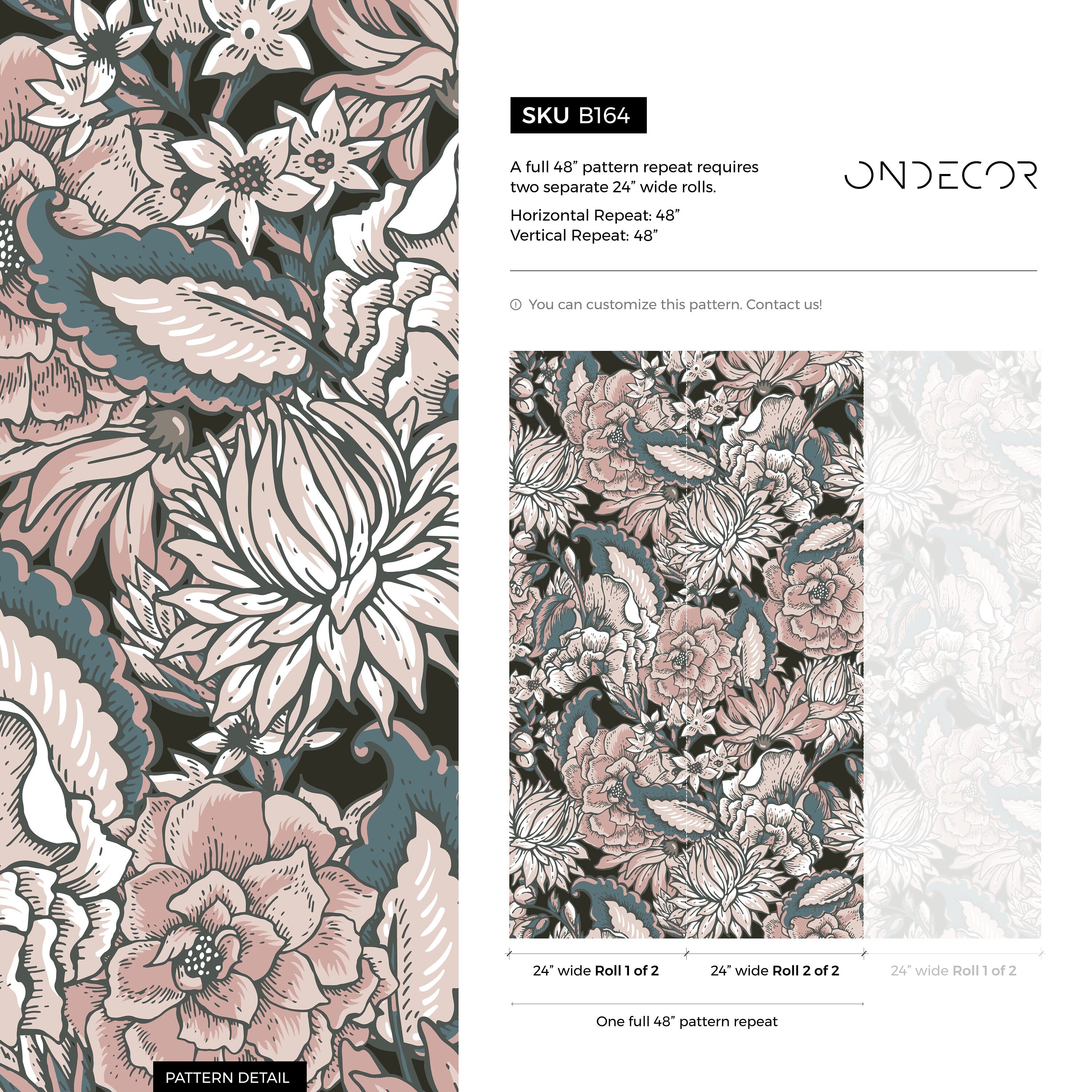 Floral Wallpaper With A Vintage Etched Motif In Pink, Slate Blue, And Black - B164