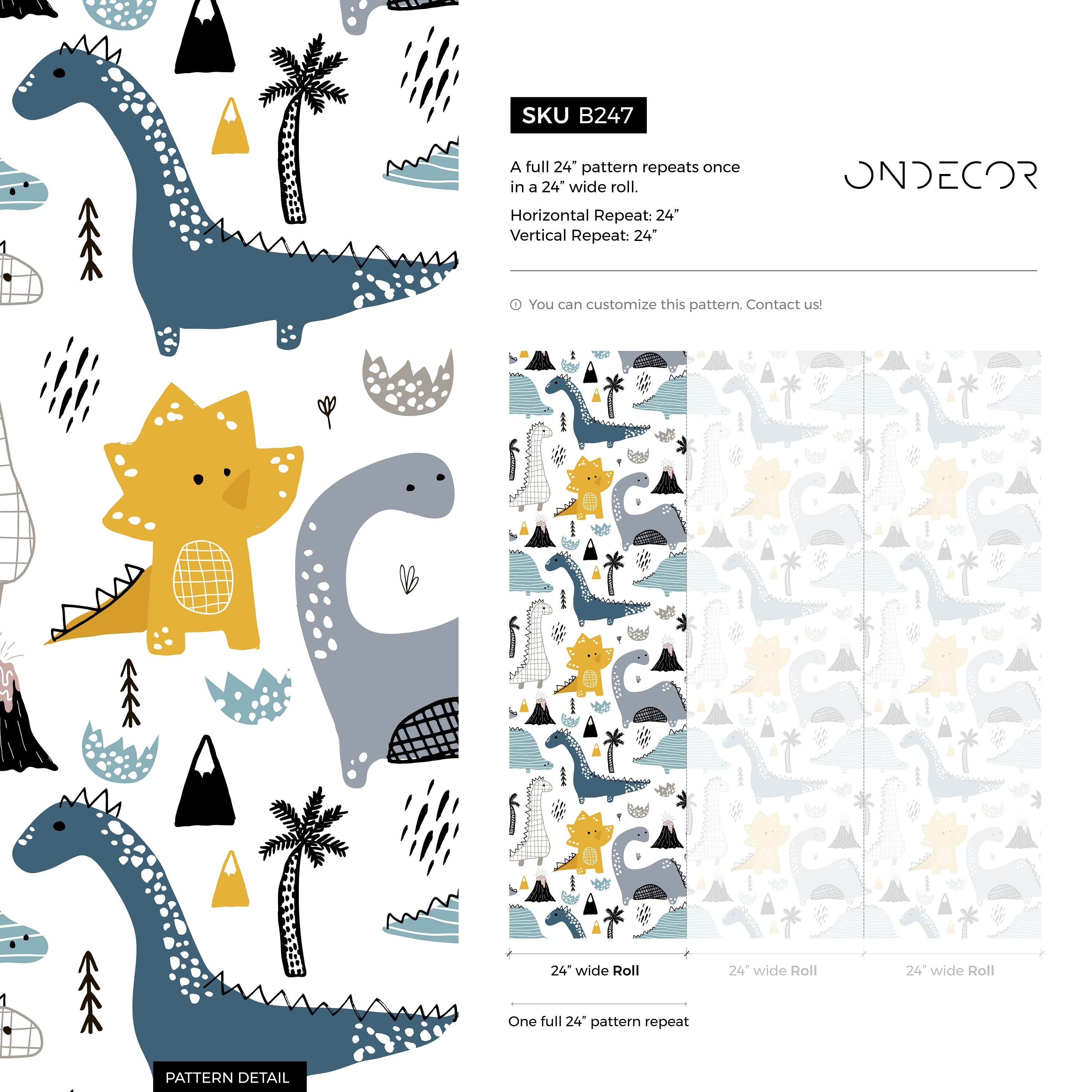 Dinosaur Wallpaper With Hand-drawn Motifs In Blue, Yellow, And Gray - B247
