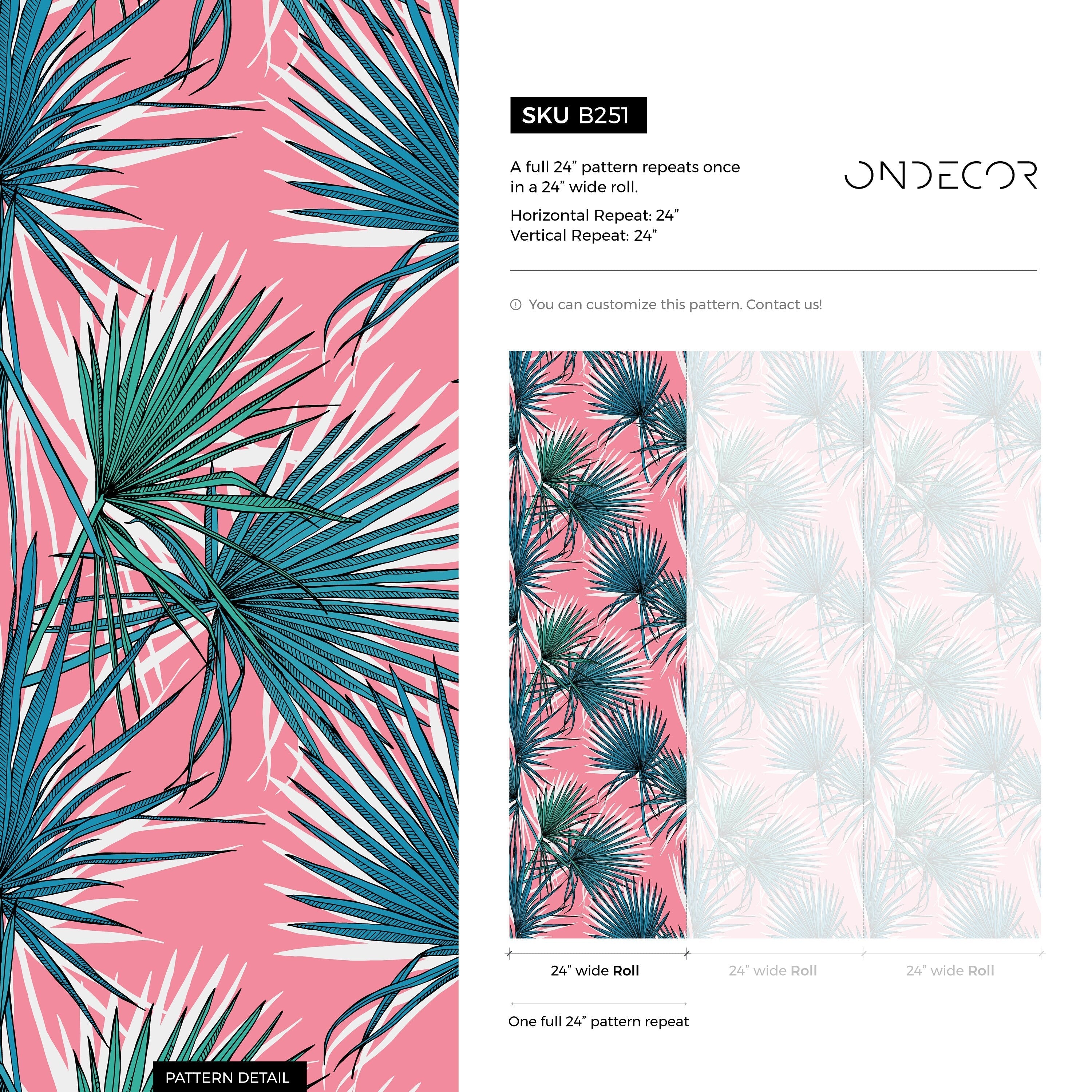 Tropical Wallpaper With Stylized Fan Palm Leaves In Pink, Teal, And Green - B251