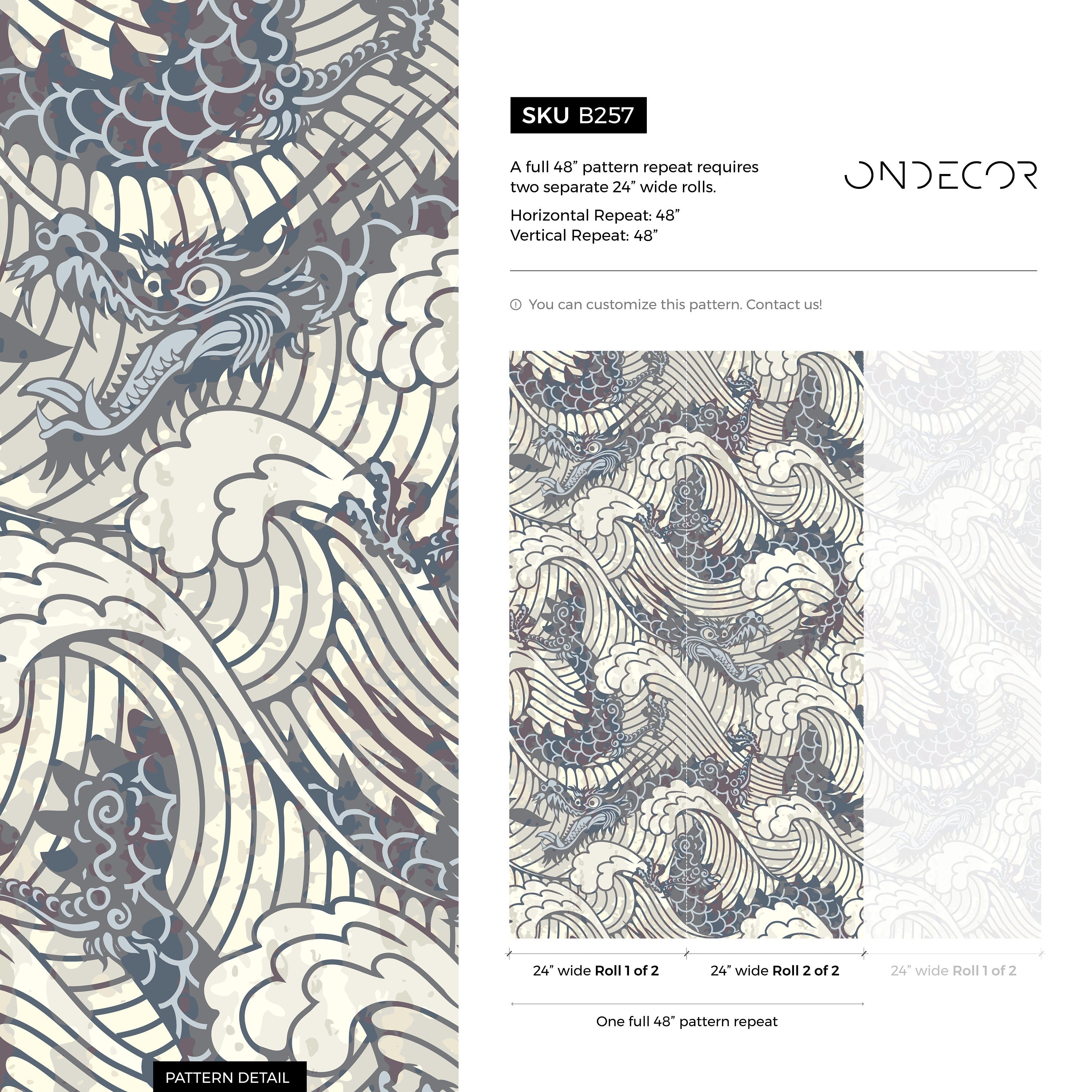 Japanese Wallpaper With A Dragon And Wave Motif In Gray And Beige - B257
