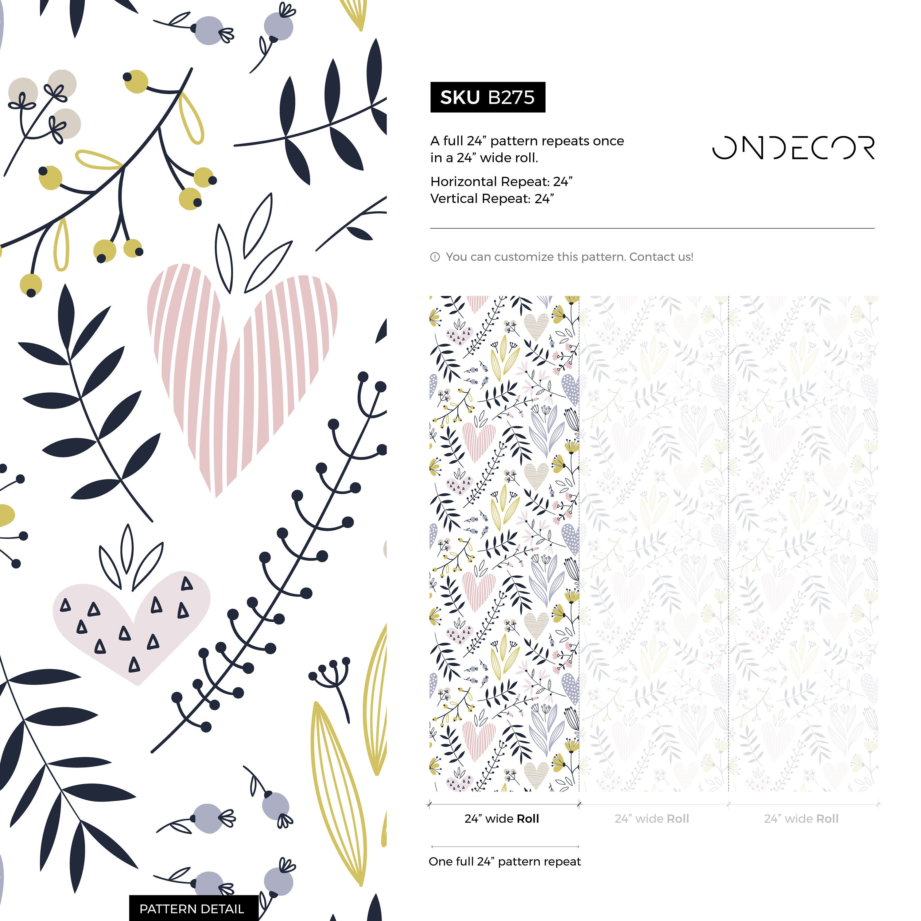Botanical Wallpaper With Whimsical Hearts And Flowers In Pink, Blue, And Yellow - B275