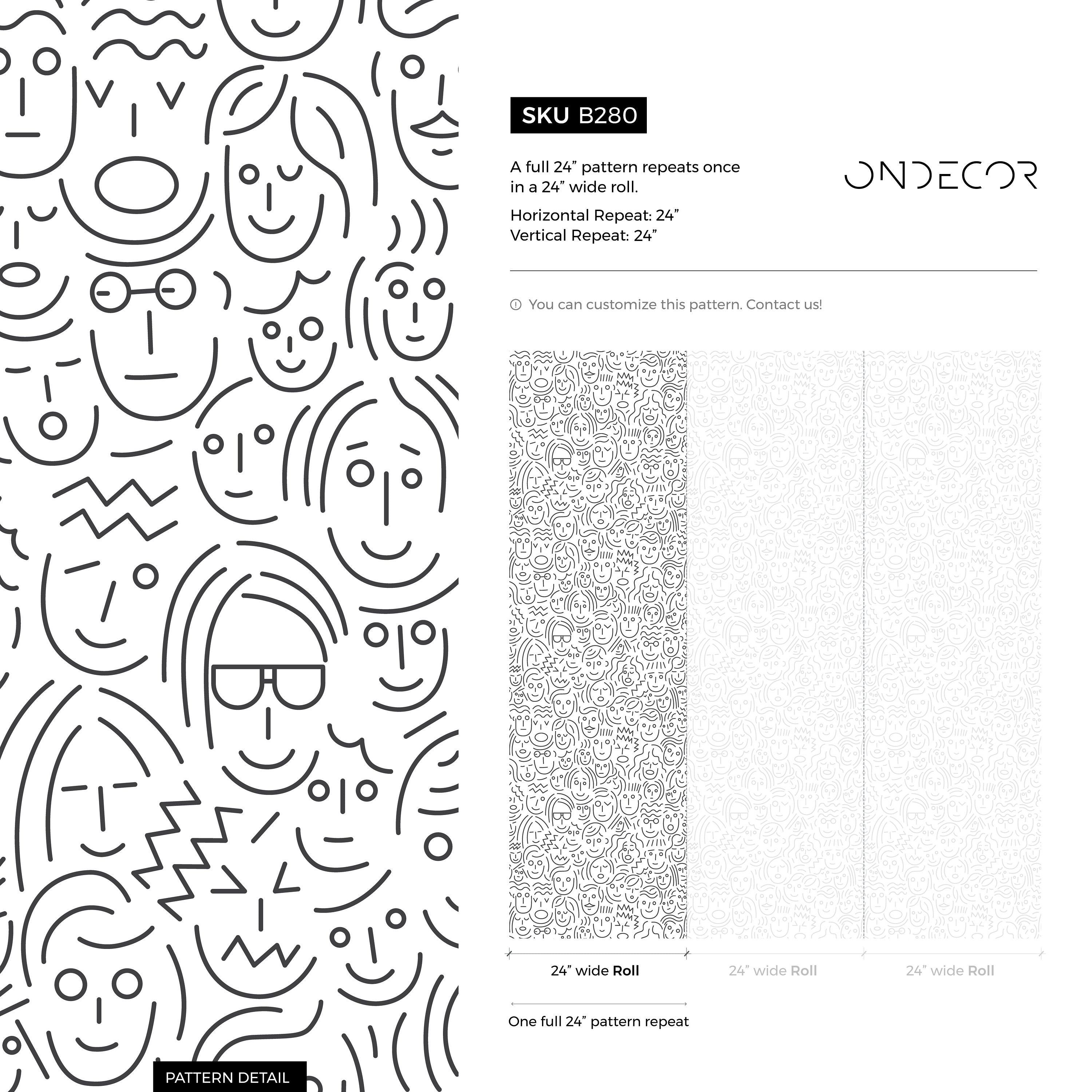Abstract Wallpaper With A Pattern Of Doodled Faces In Black And White - B280