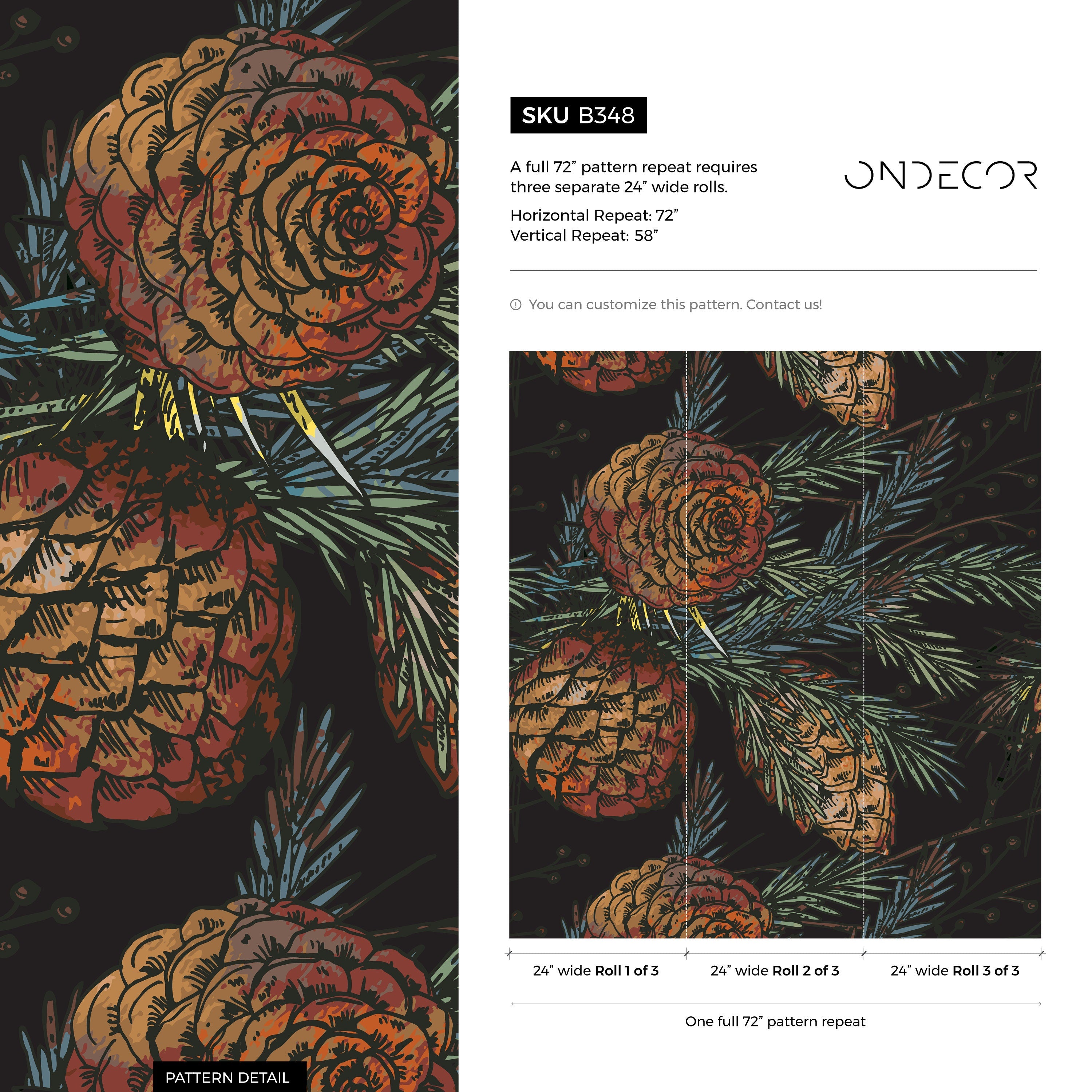 Botanical Wallpaper Featuring A Rustic Pinecone Motif In Orange, Brown, And Green - B348