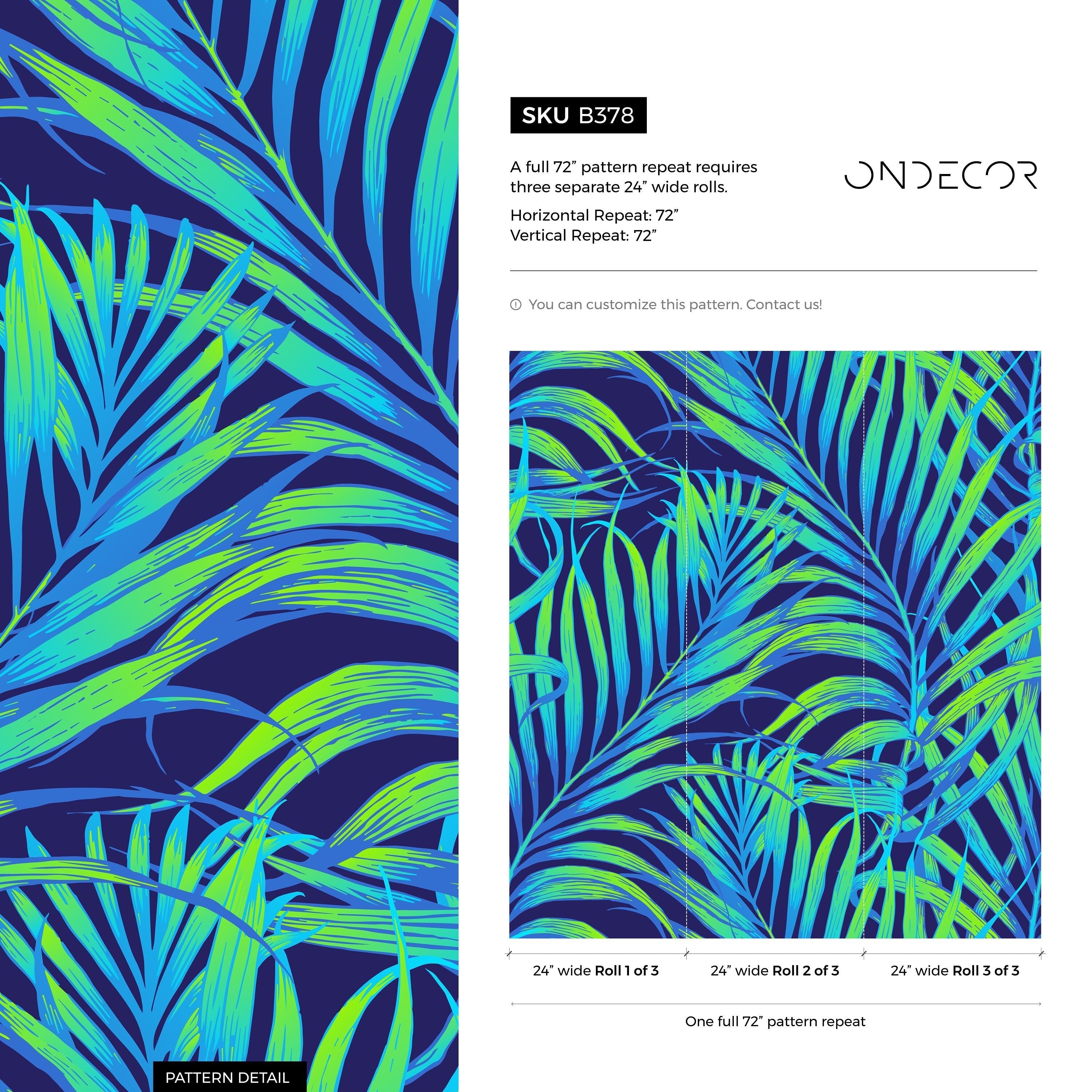 Tropical Wallpaper With Neon Palm Leaves In Blue And Green - B378