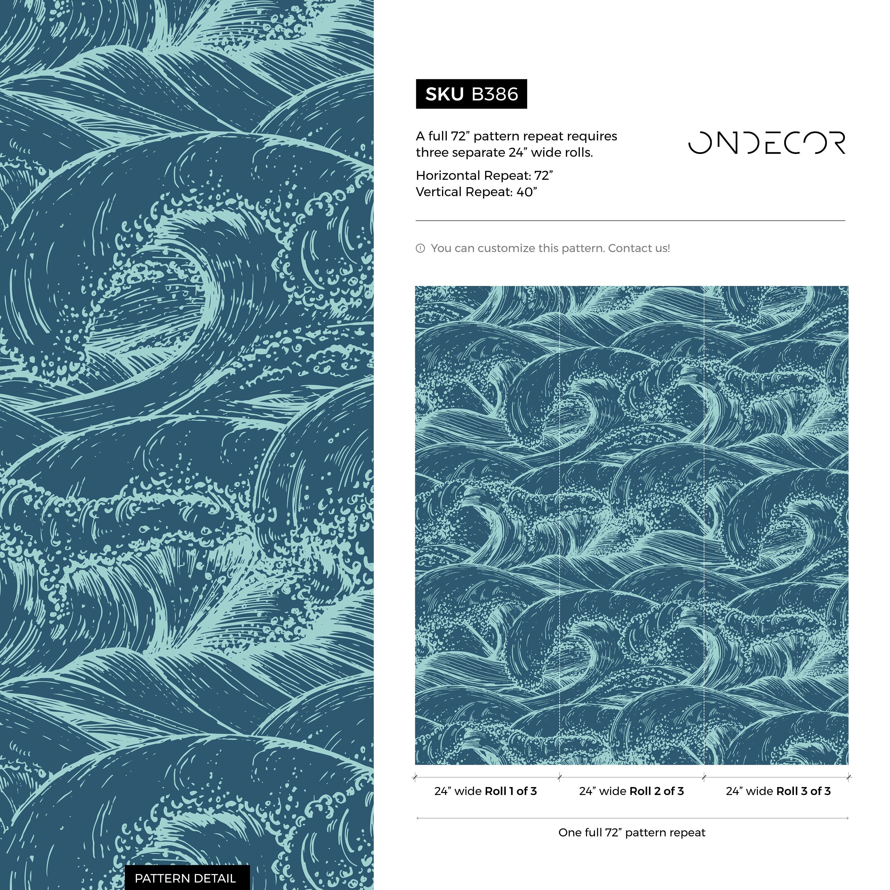 Coastal Wallpaper With Japanese Style Ocean Waves In Teal And Mint - B386