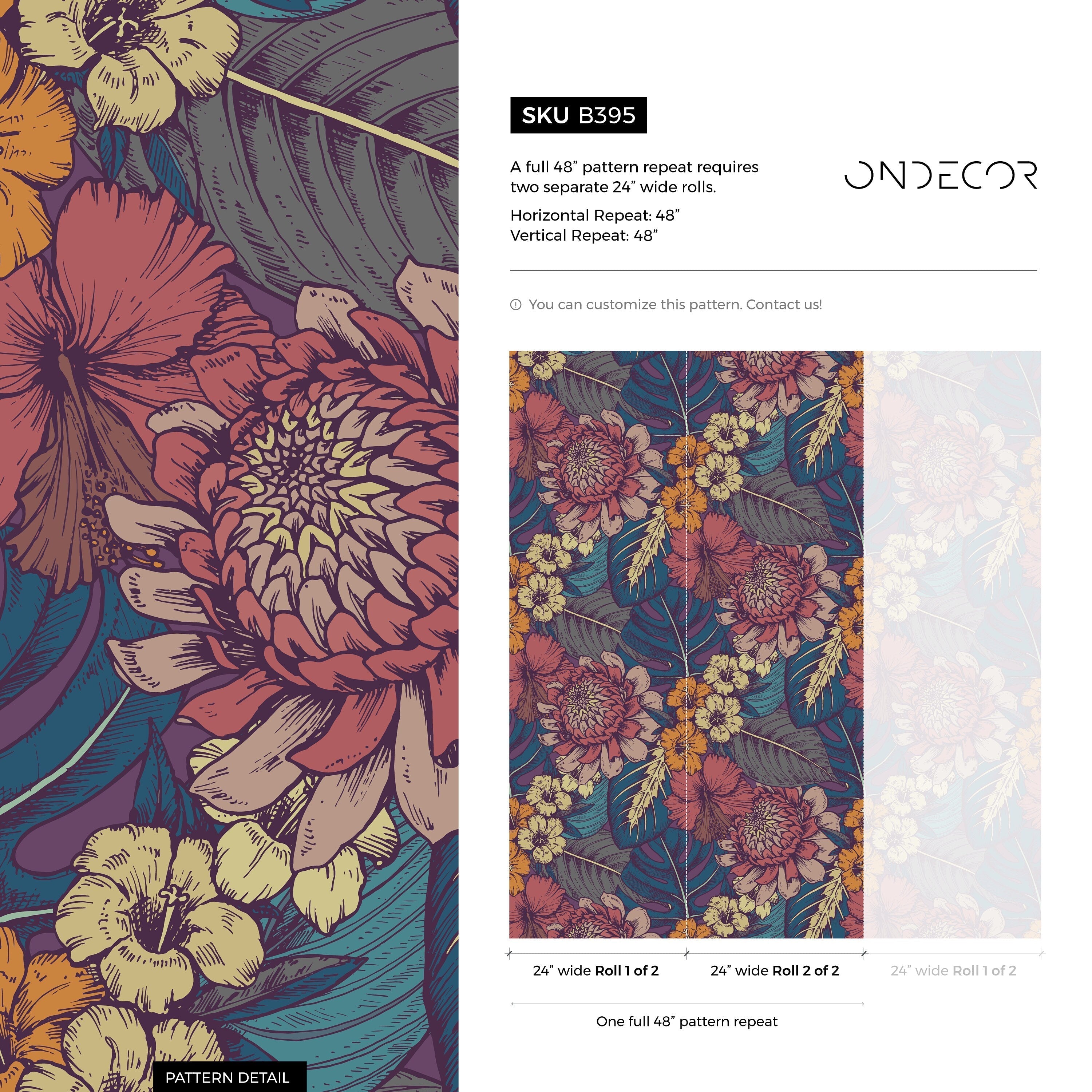 Floral Wallpaper With Tropical Blooms In Pink, Teal, And Orange - B395
