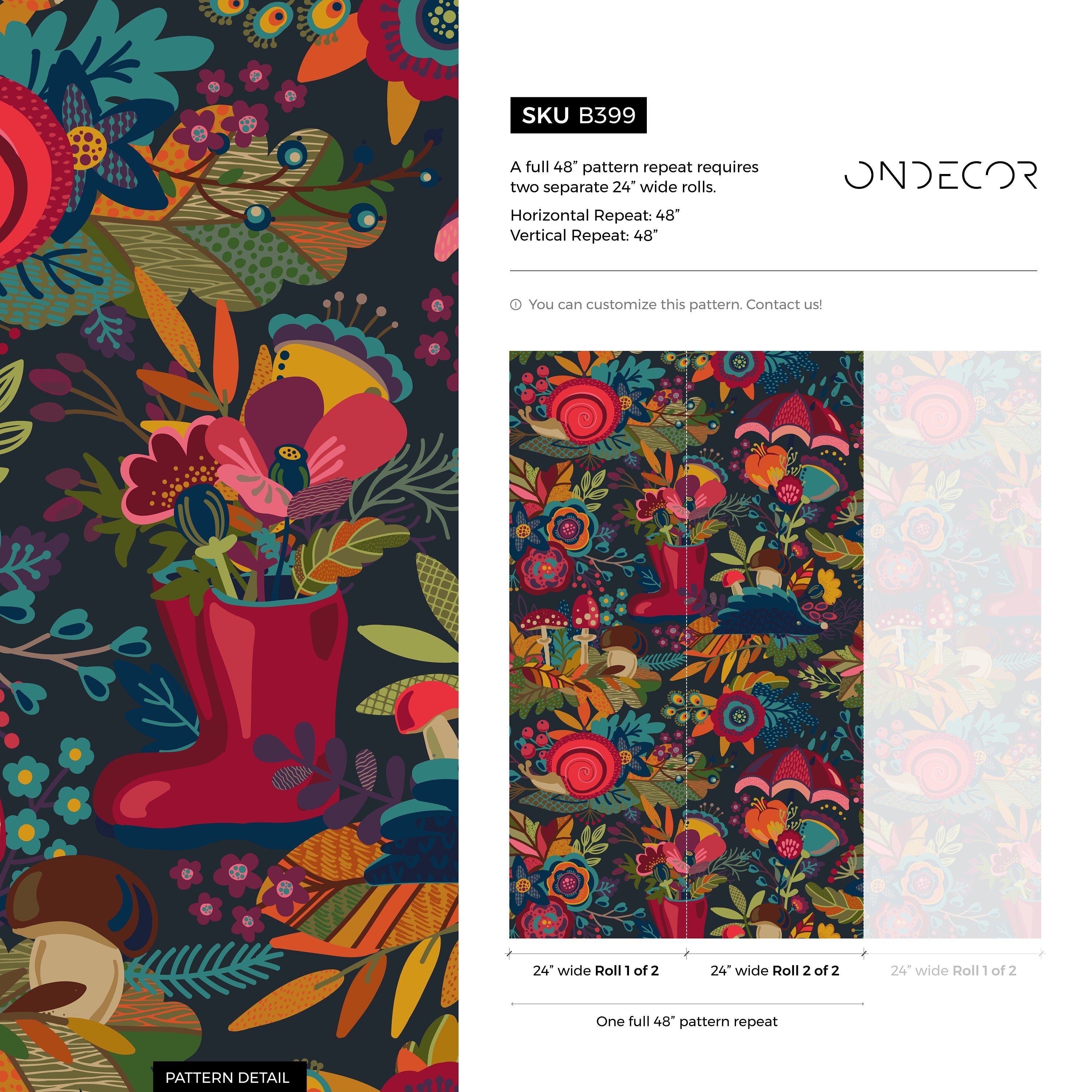 Floral Wallpaper With A Whimsical Motif In Red, Teal, And Orange - B399