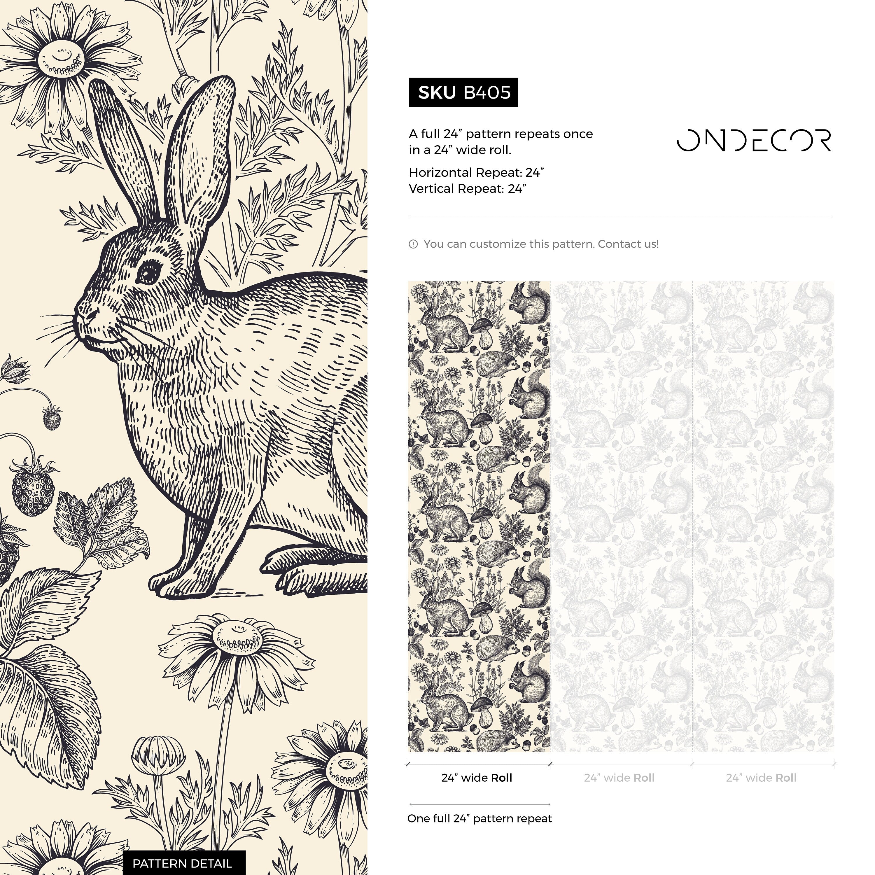 Woodland Wallpaper With Vintage Engraved Forest Animals In Black And Cream - B405